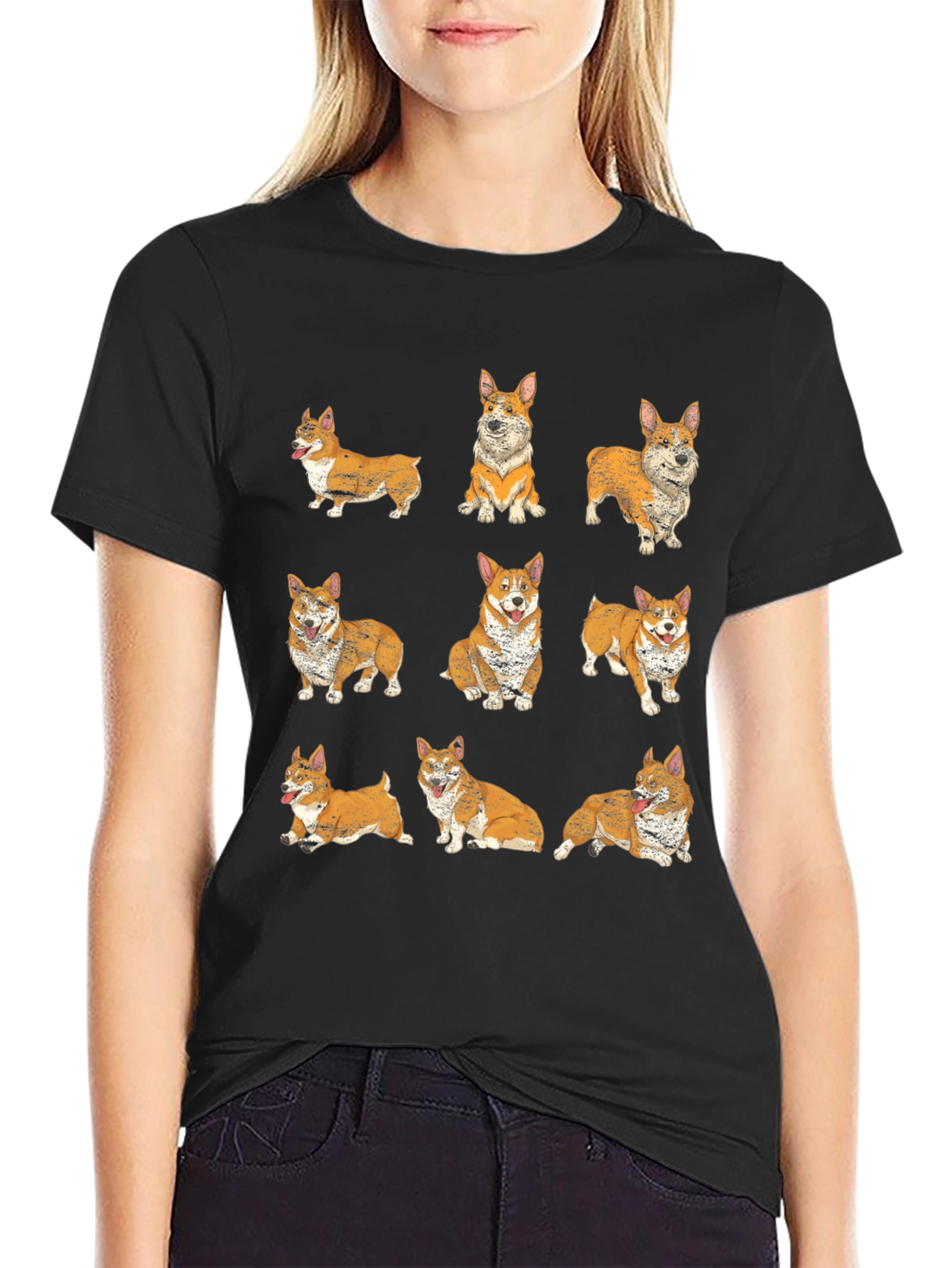 Corgi Pattern Black T-Shirt