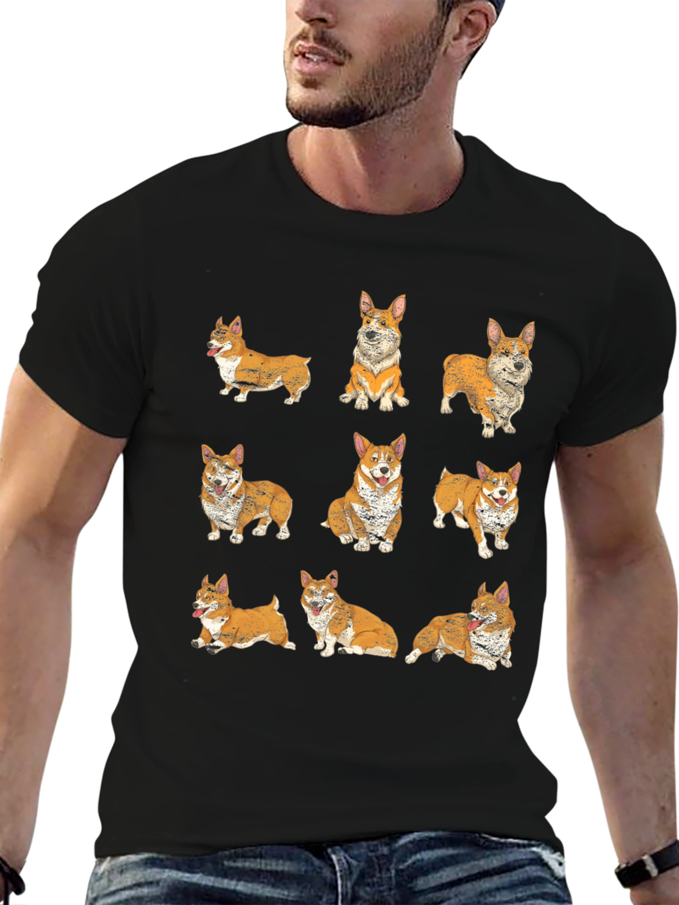 Corgi Pattern Black T-Shirt