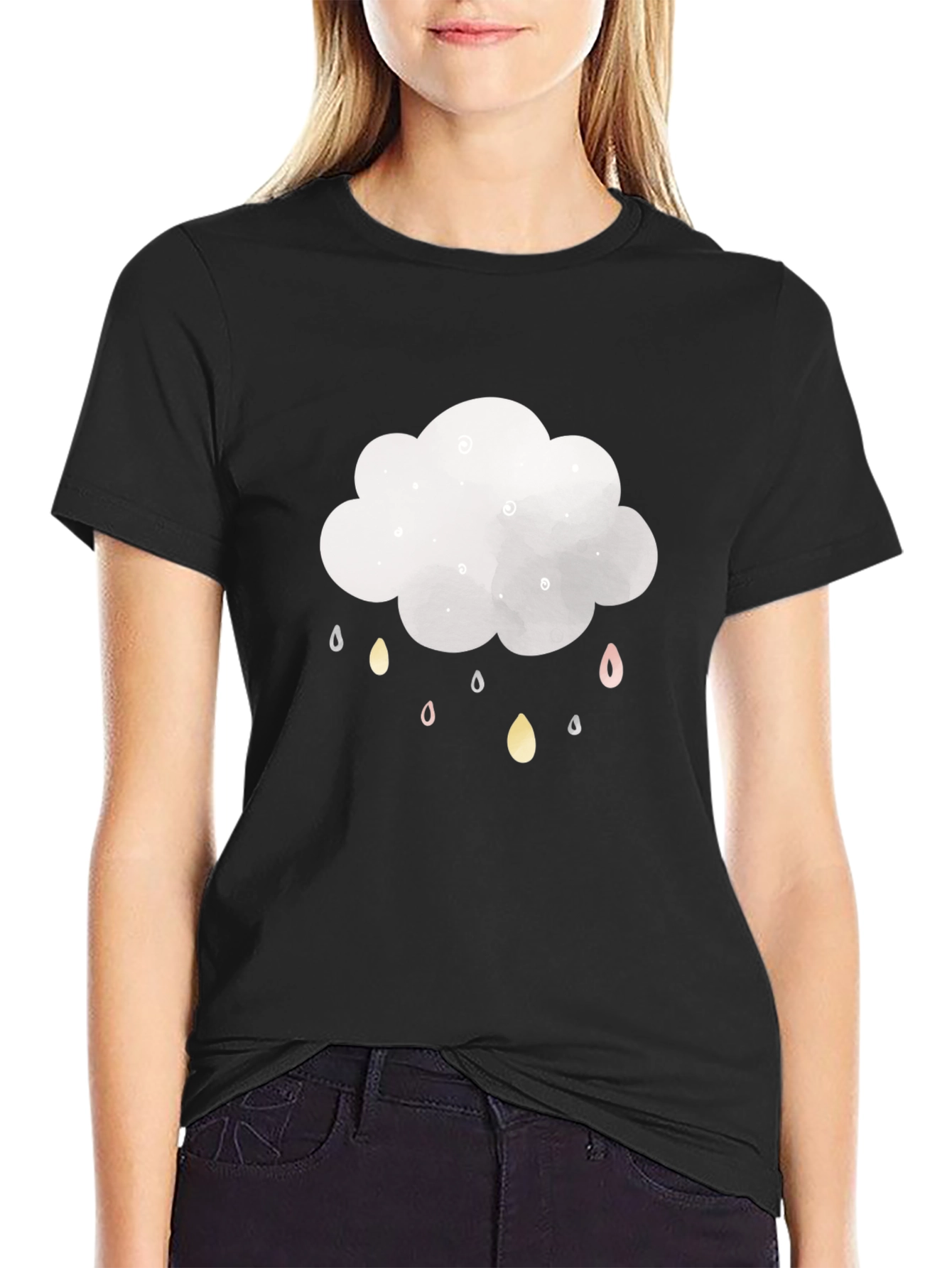 Cloud Raindrop Graphic T-Shirt - Stylish Black Tee