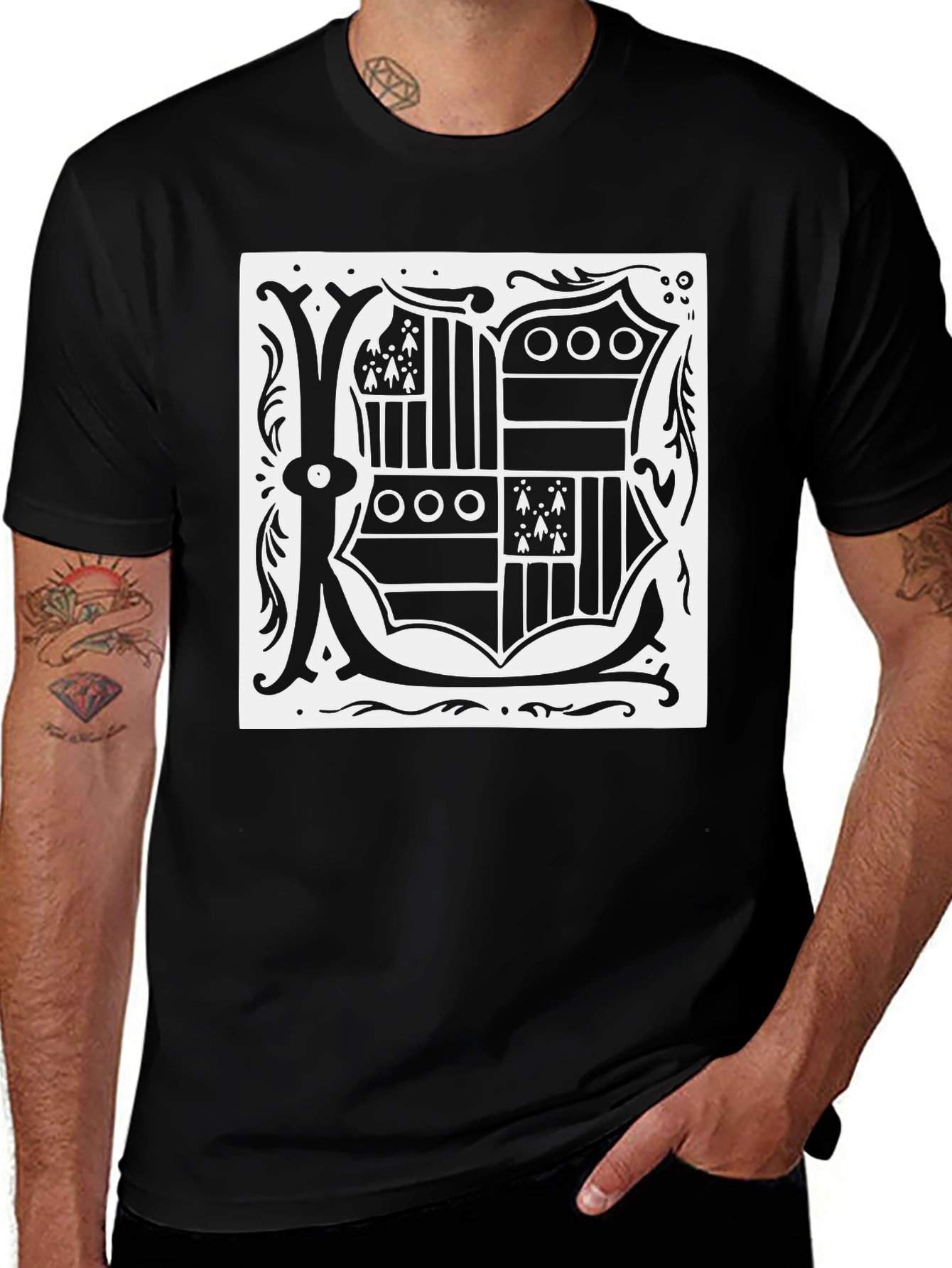 Black T-Shirt with Ornate Letter K Design