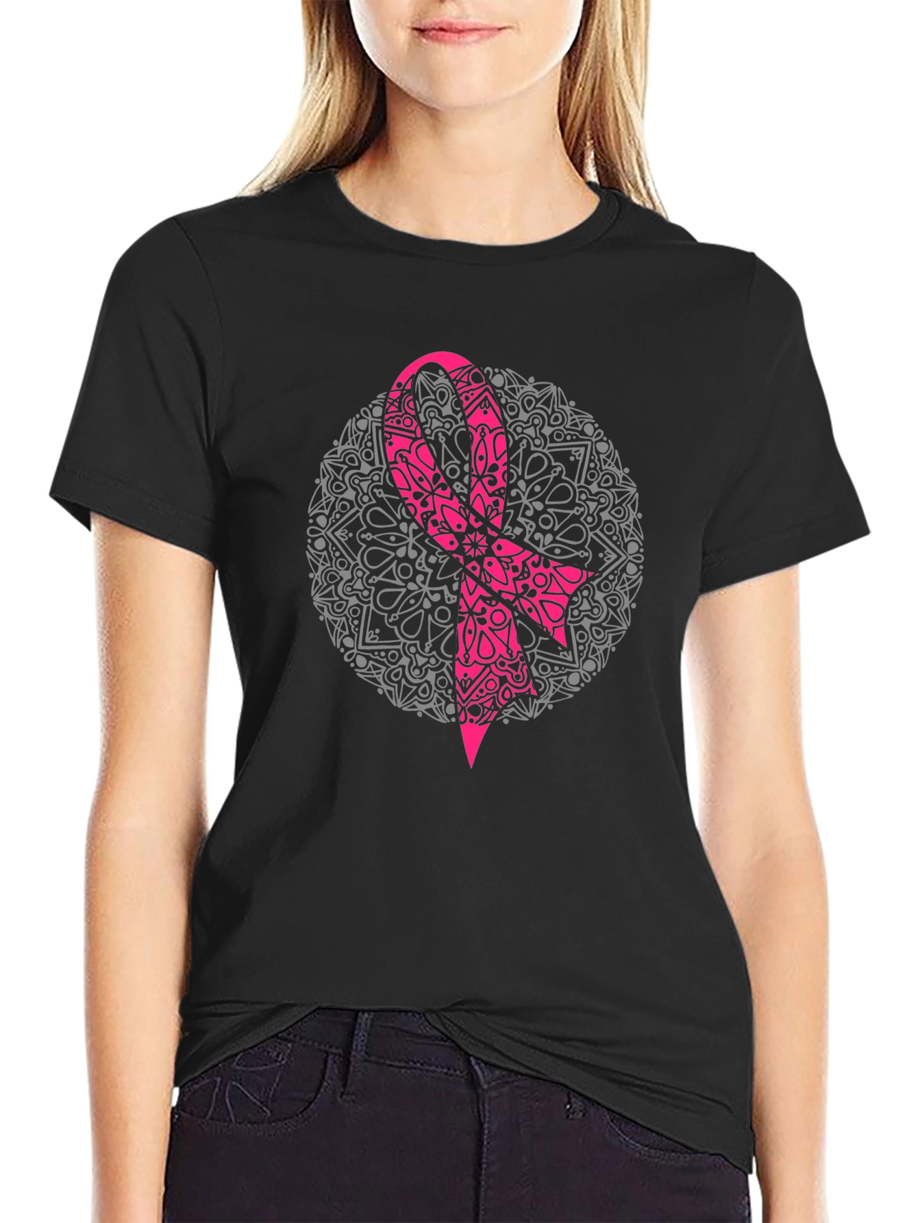 Pink Ribbon Mandala Black T-Shirt