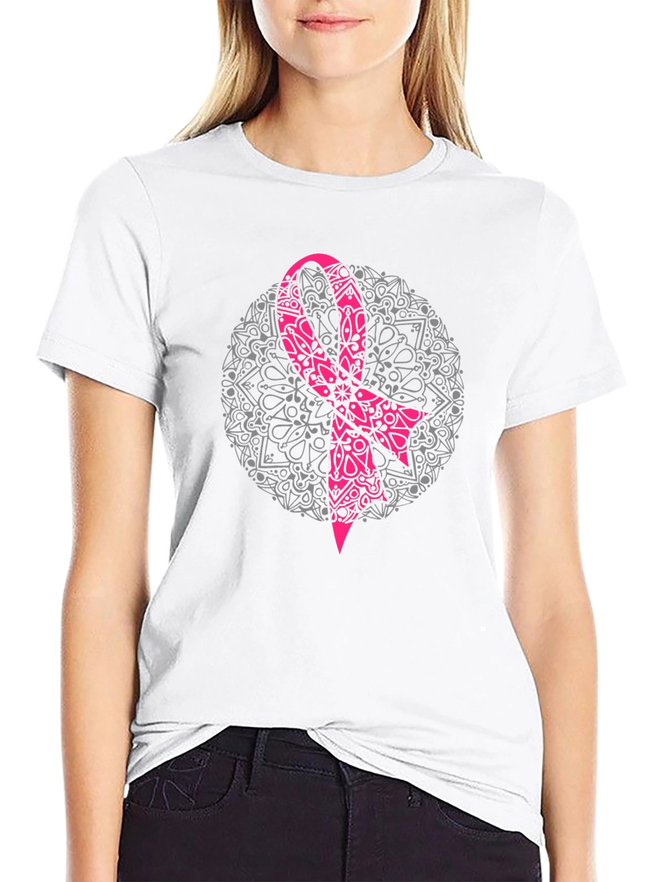Pink Ribbon Mandala Black T-Shirt