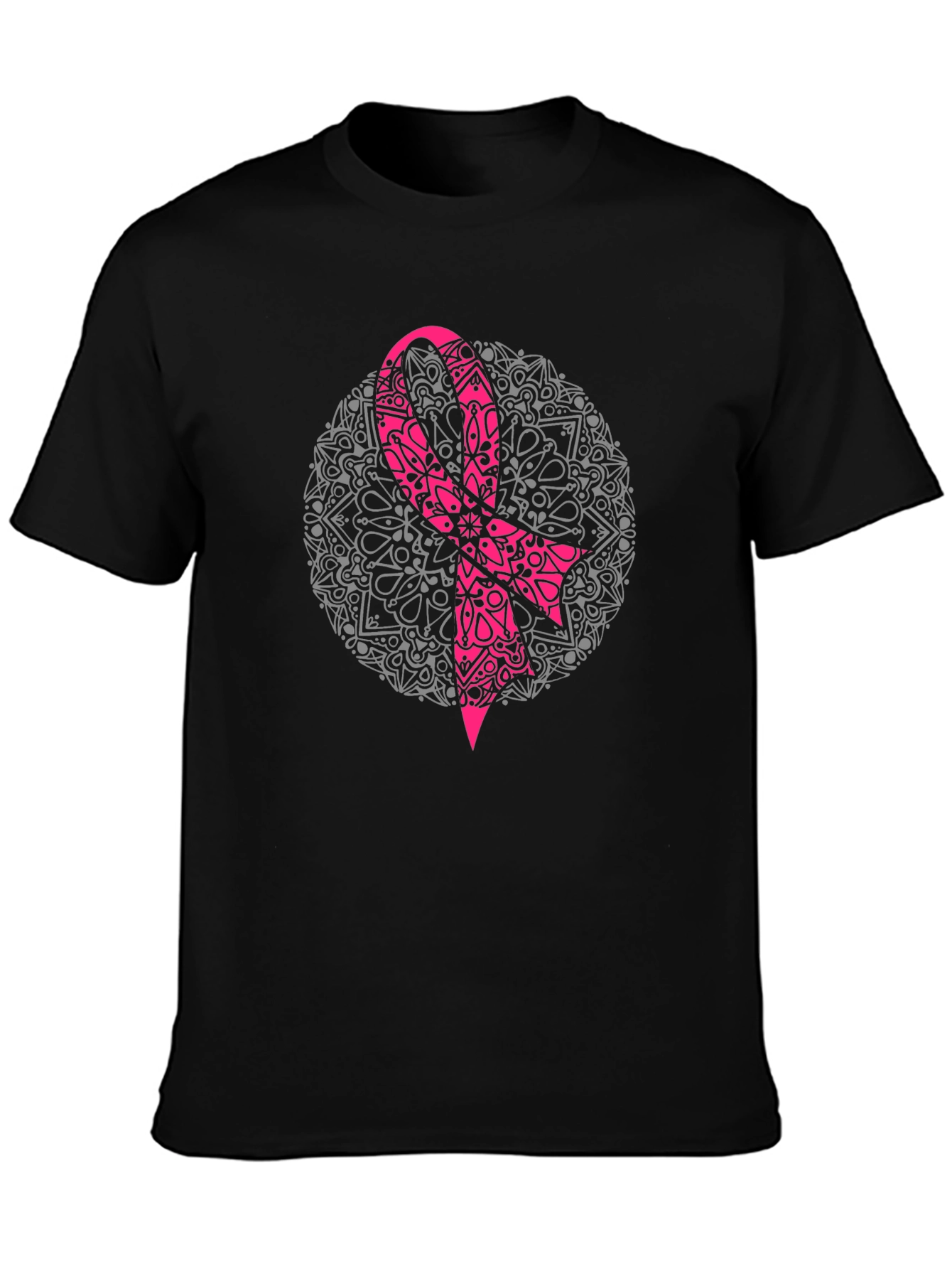 Pink Ribbon Mandala Black T-Shirt