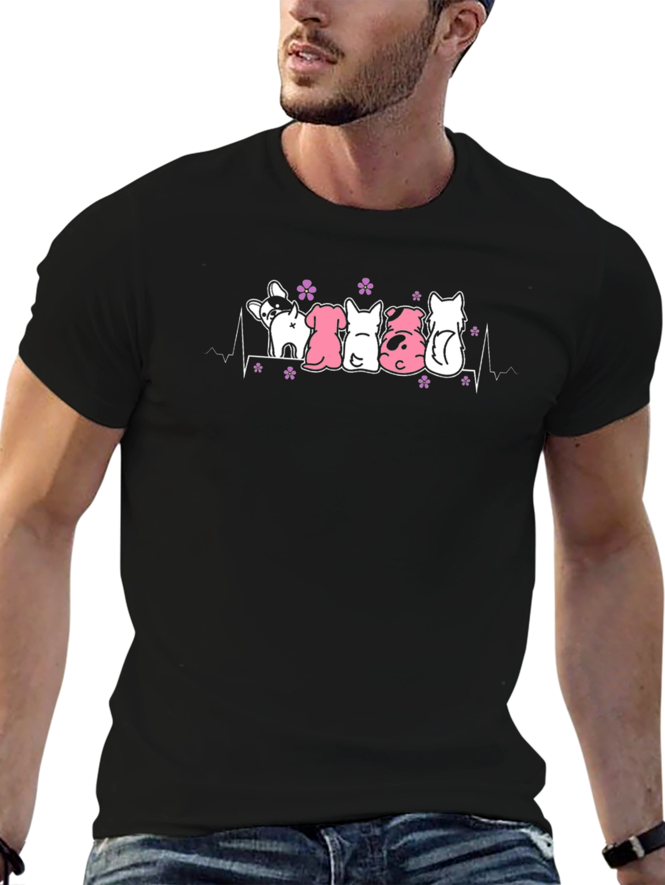 Cute Dogs Heartbeat T-Shirt - Black Cotton Tee