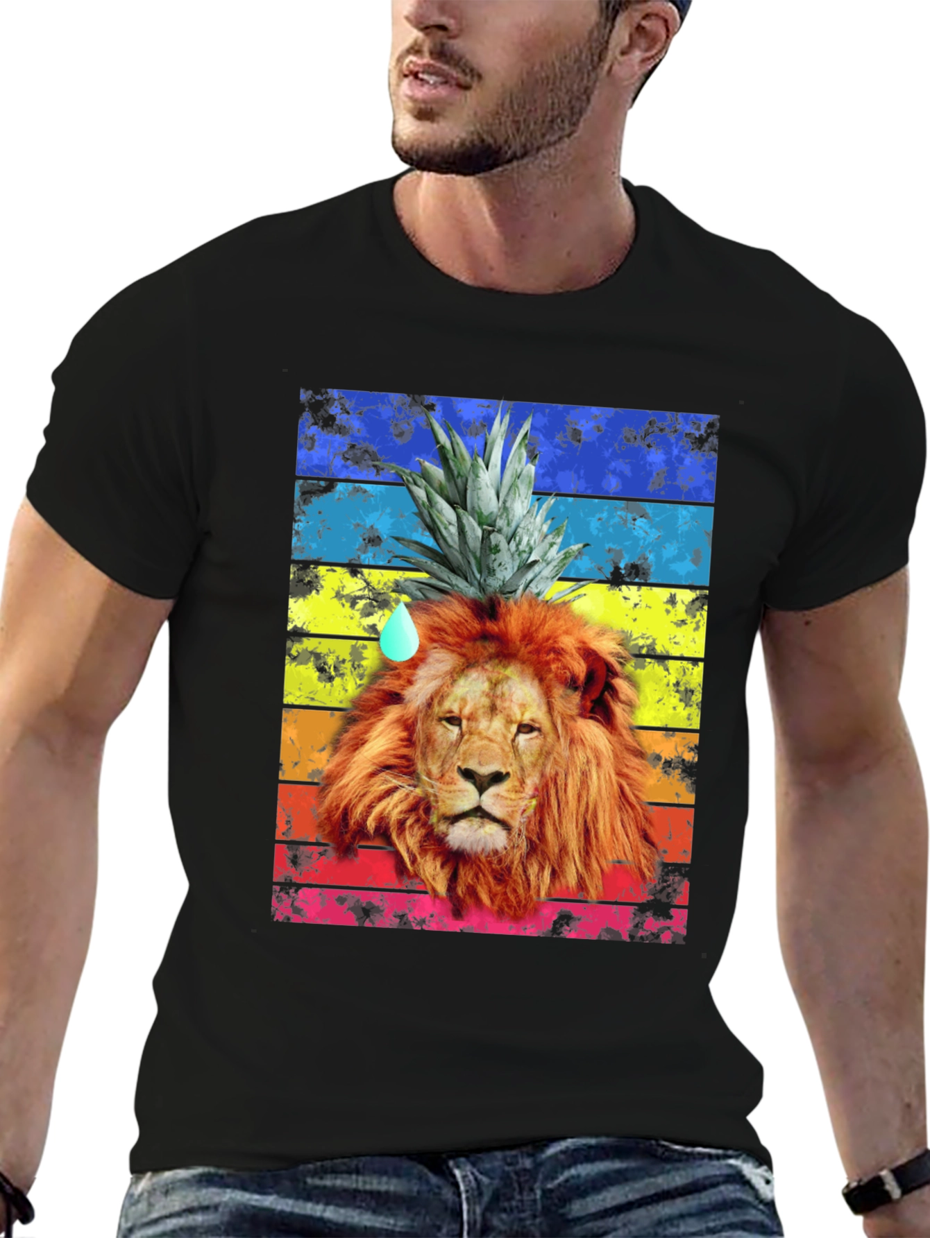 Lion Pineapple Head Graphic Tee - Mens Black T-Shirt