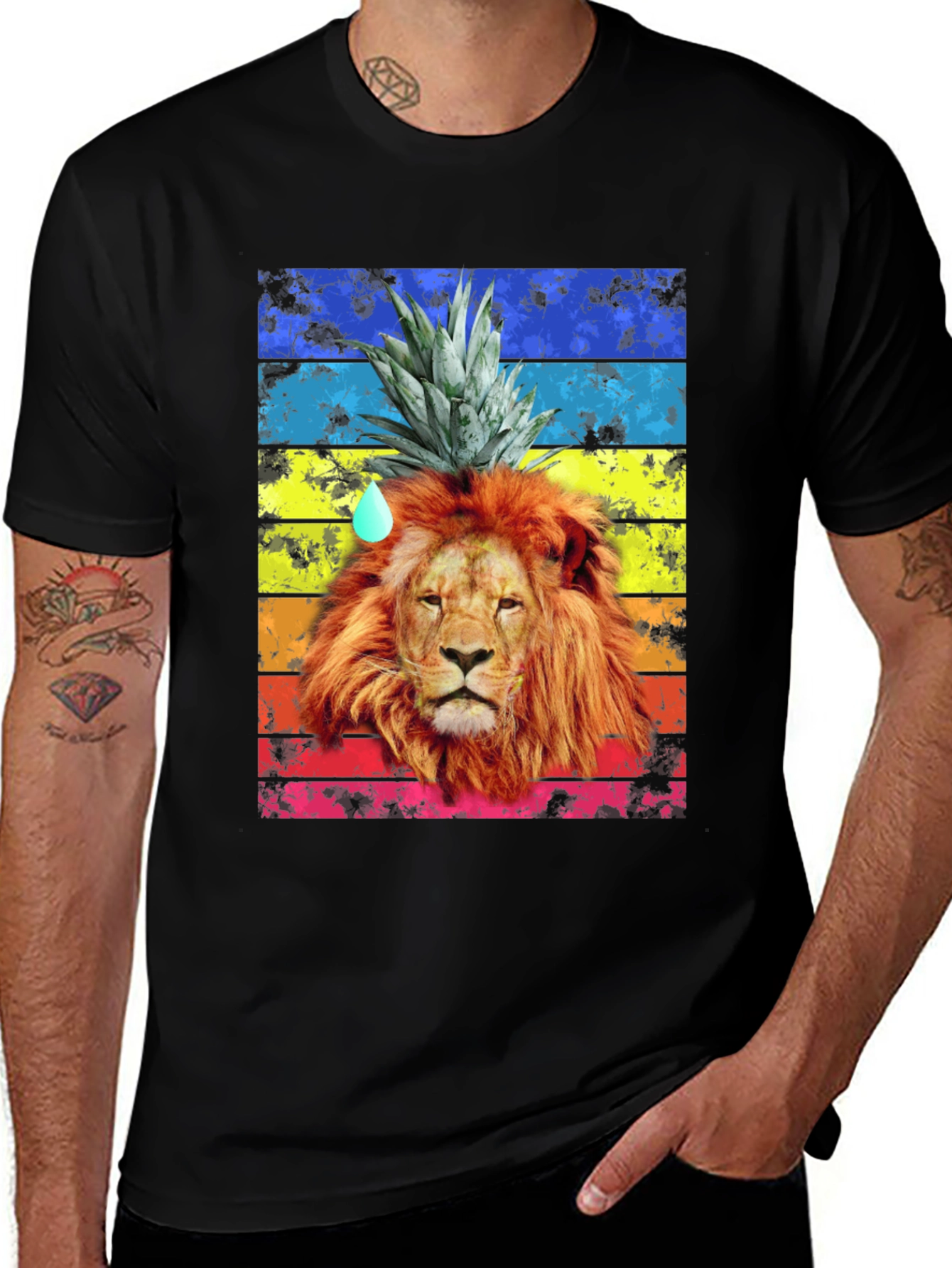Lion Pineapple Head Graphic Tee - Mens Black T-Shirt