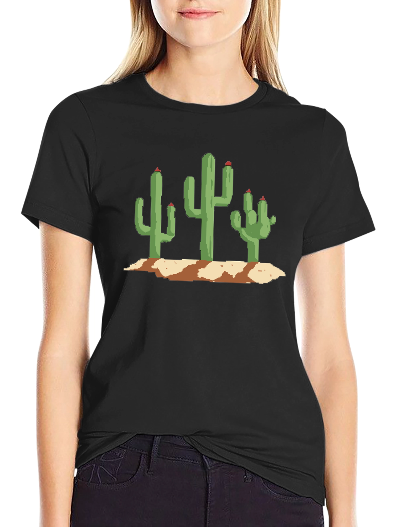 Pixel Cactus Graphic Tee - Black Cotton T-Shirt
