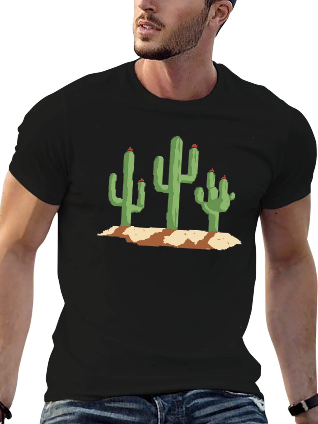 Pixel Cactus Graphic Tee - Black Cotton T-Shirt