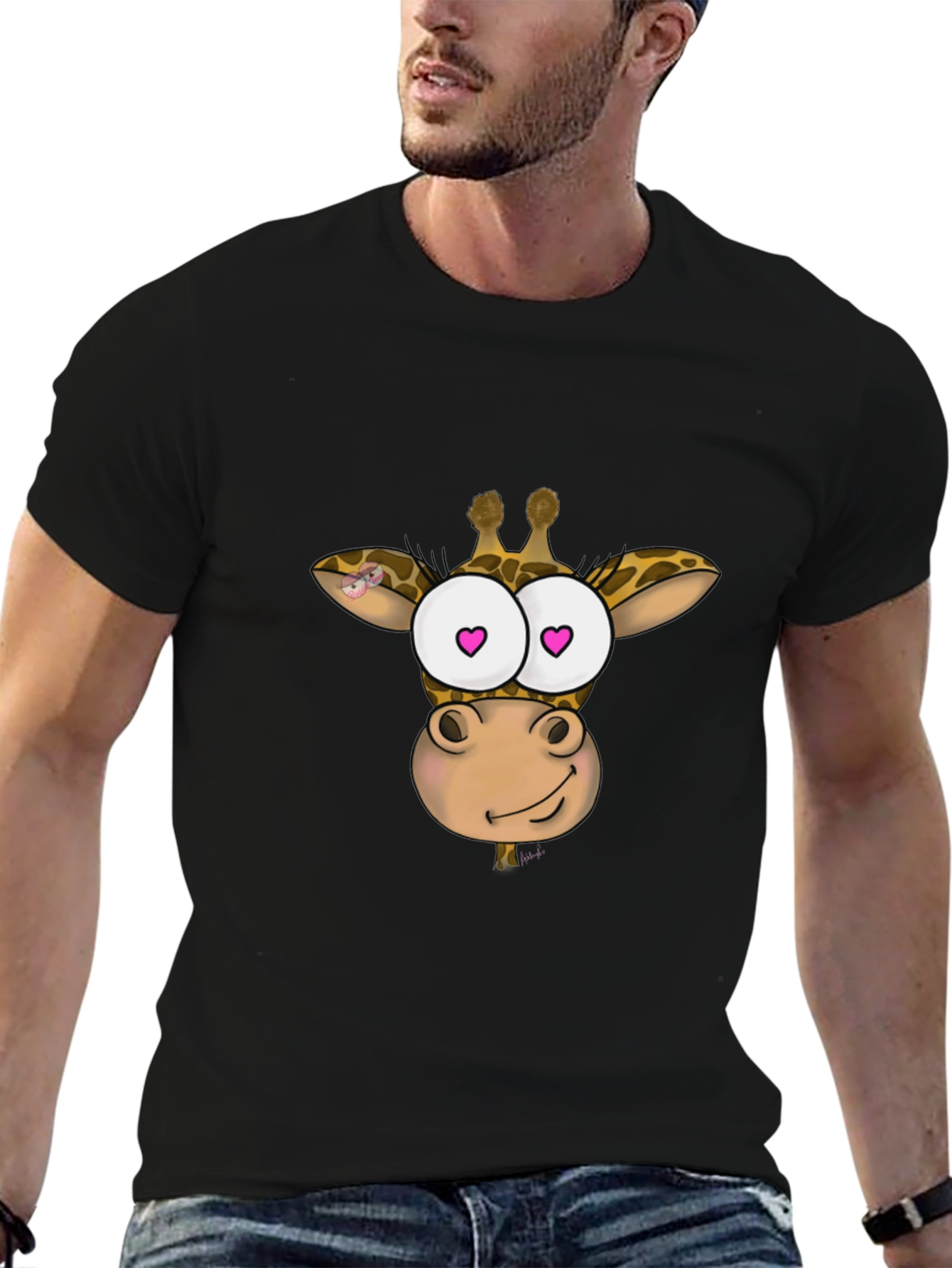 Giraffe Cartoon Heart Eyes Black T-Shirt