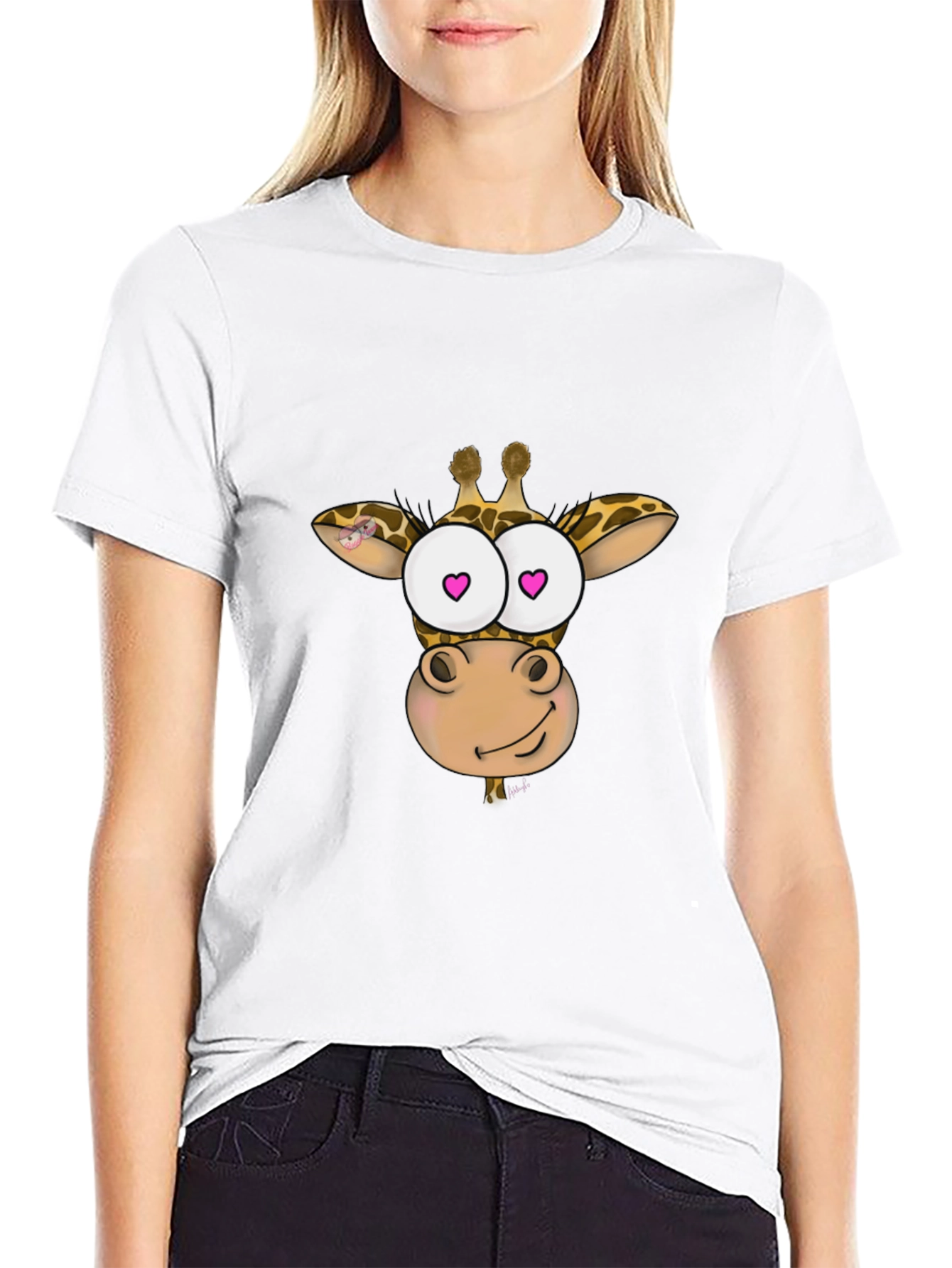 Giraffe Cartoon Heart Eyes Black T-Shirt