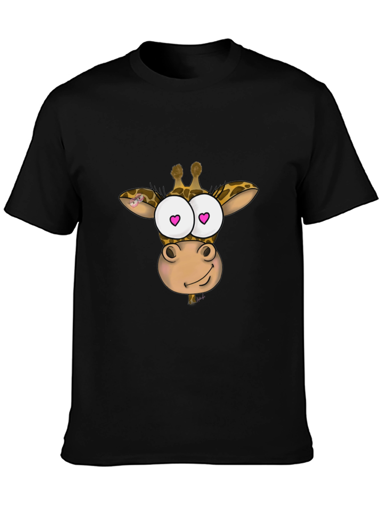 Giraffe Cartoon Heart Eyes Black T-Shirt