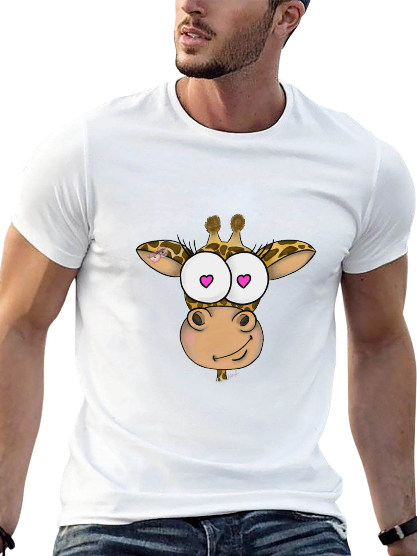 Giraffe Cartoon Heart Eyes Black T-Shirt