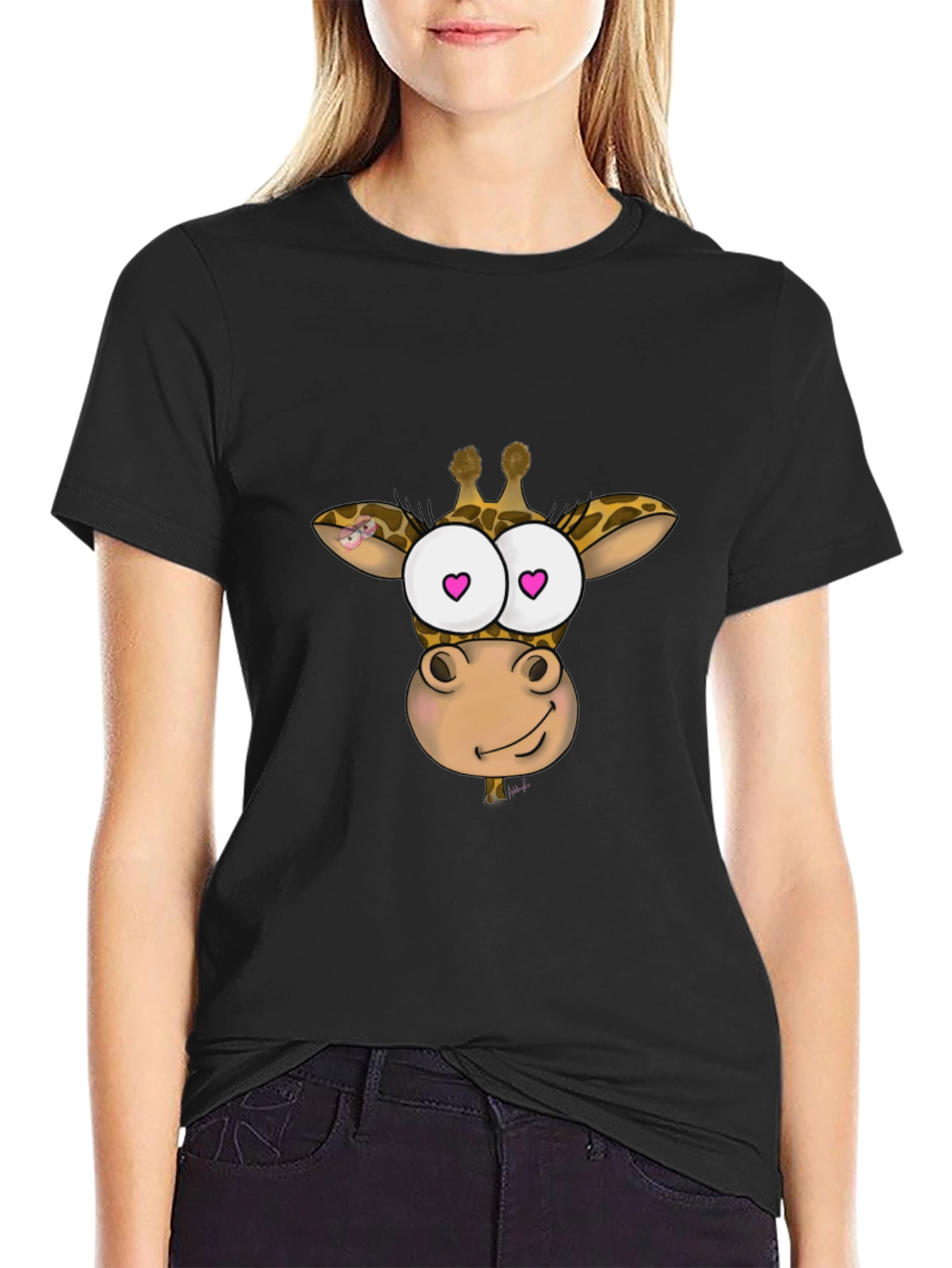 Giraffe Cartoon Heart Eyes Black T-Shirt