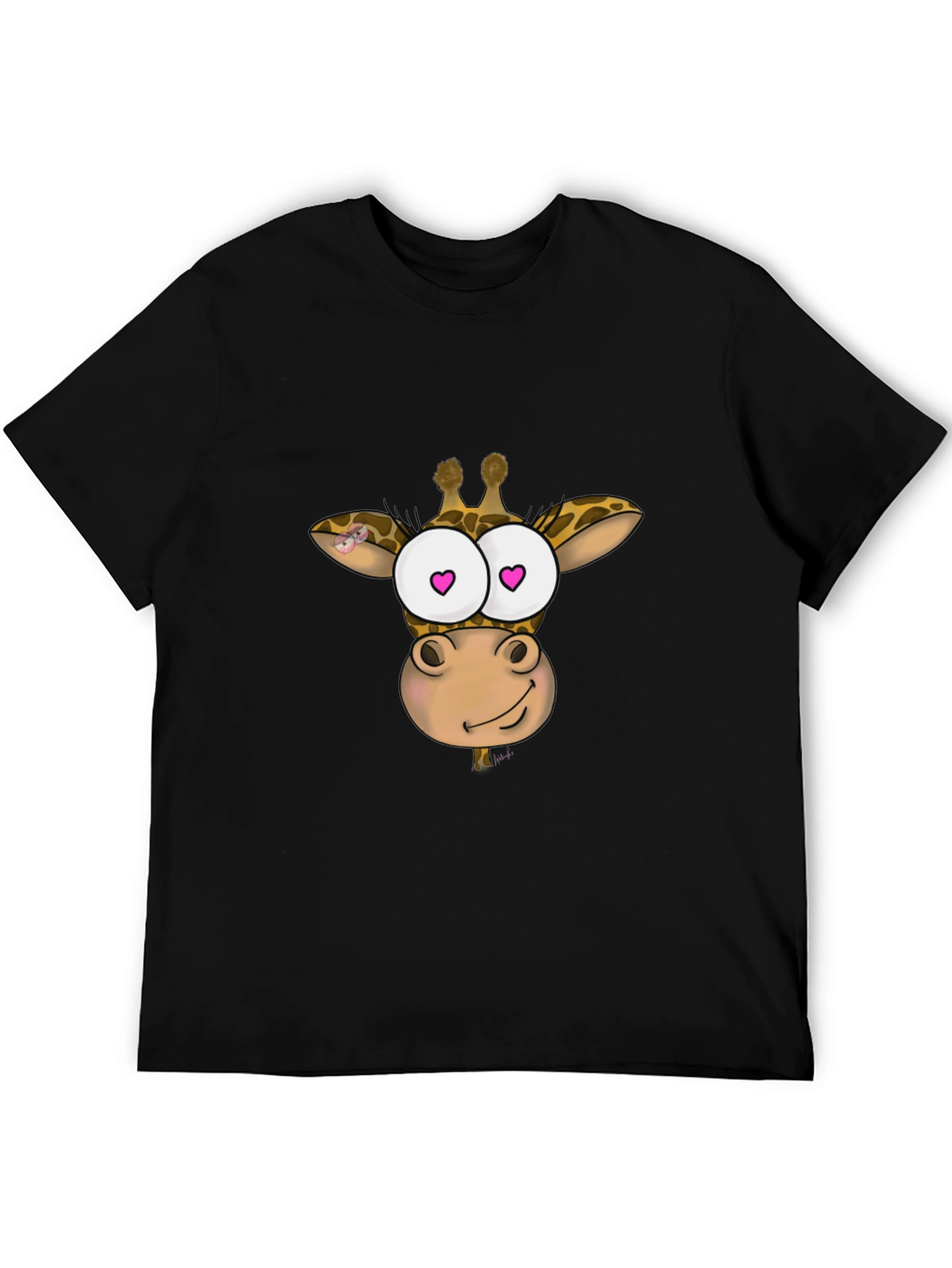 Giraffe Cartoon Heart Eyes Black T-Shirt