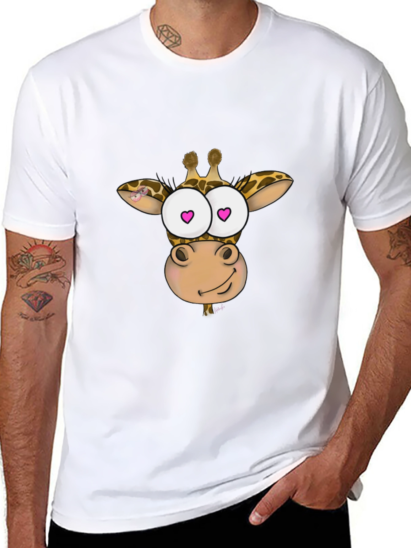 Giraffe Cartoon Heart Eyes Black T-Shirt