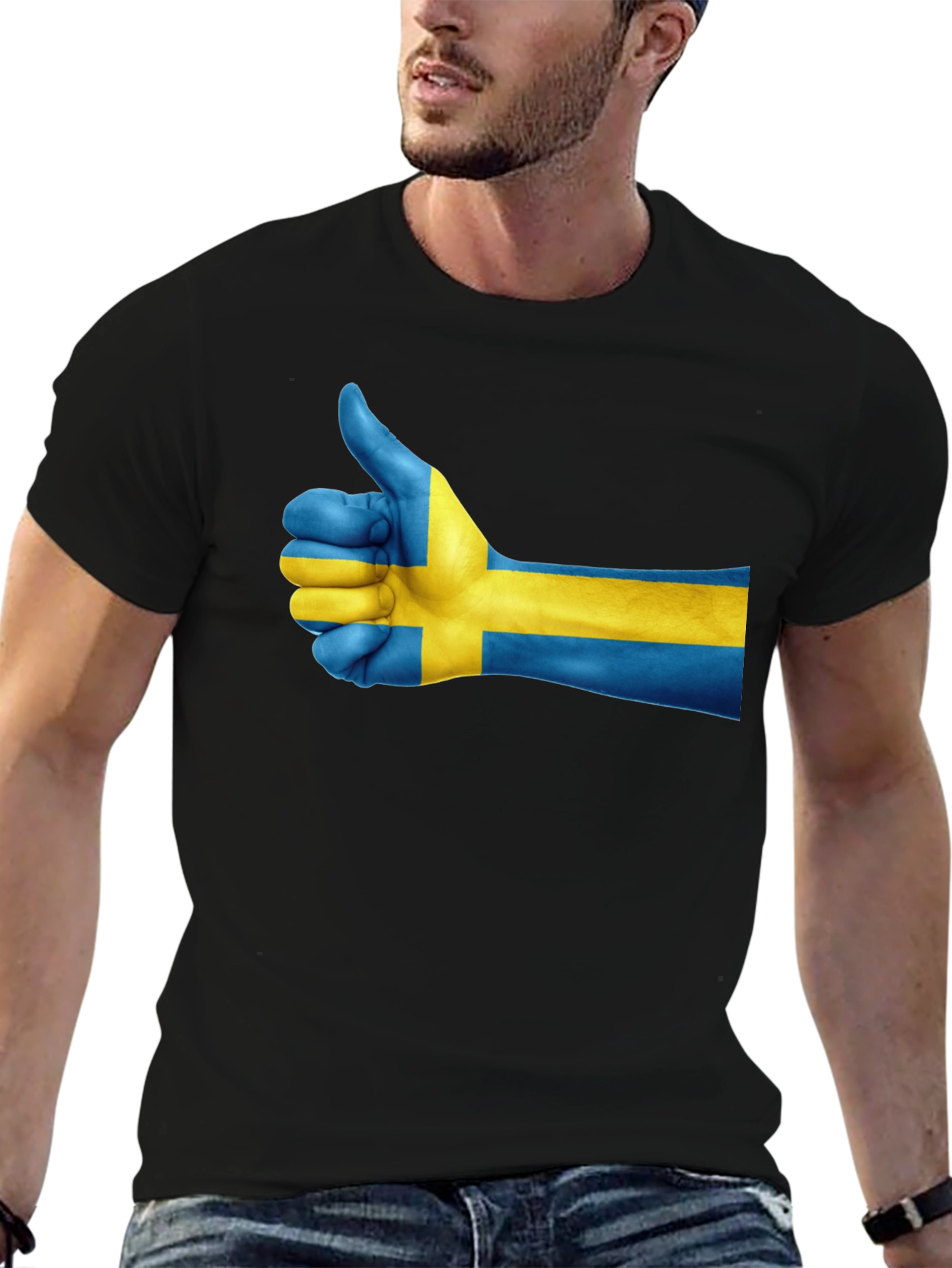 Sweden Flag Thumbs Up Graphic Tee - Black