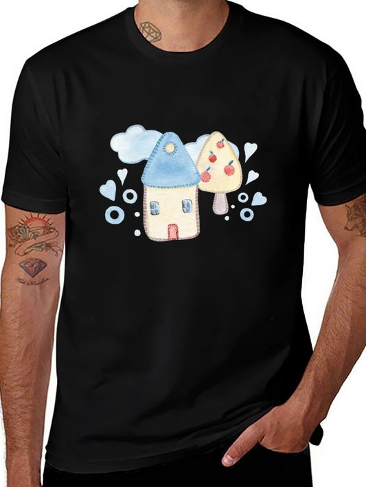Cute Cartoon House and Tree Black T-Shirt