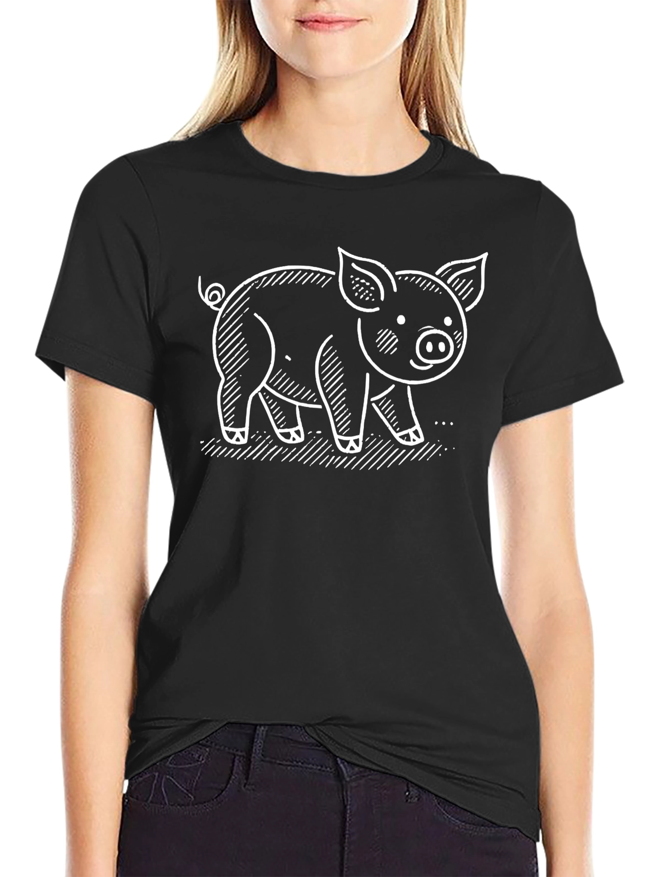 Cute Pig Graphic Tee - Black Cotton T-Shirt