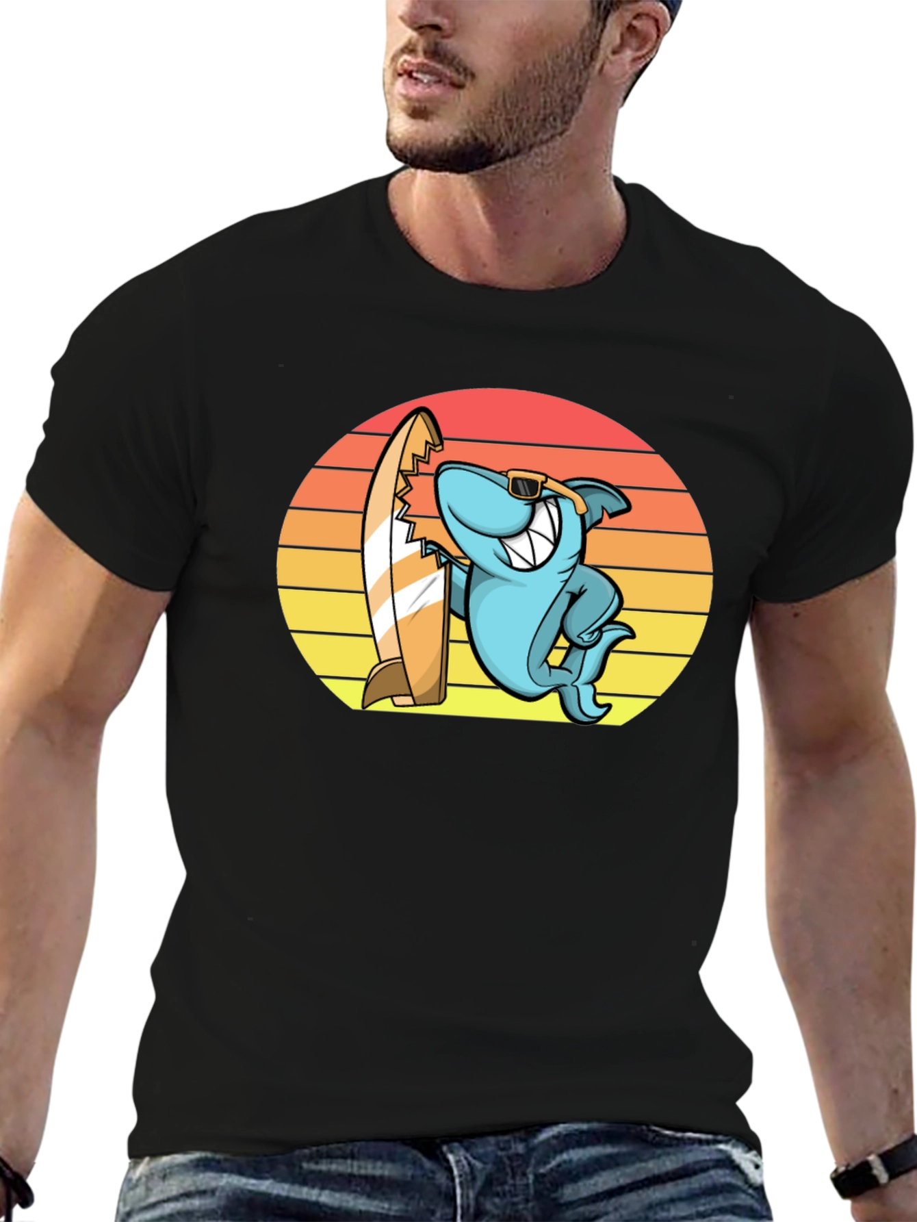 Cool Shark Surfer Graphic Tee - Black T-Shirt
