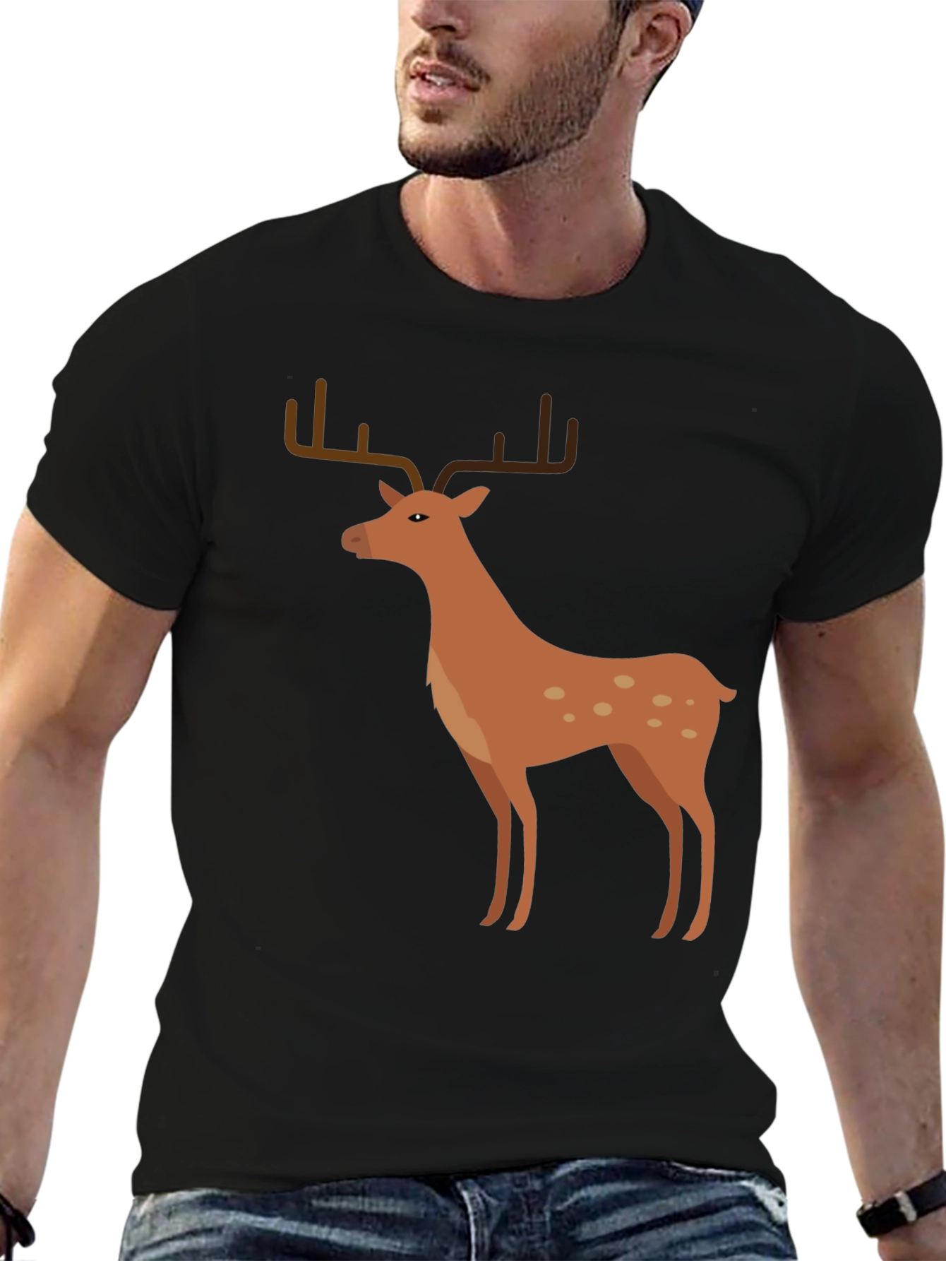 Mens Black T-Shirt with Deer Graphic
