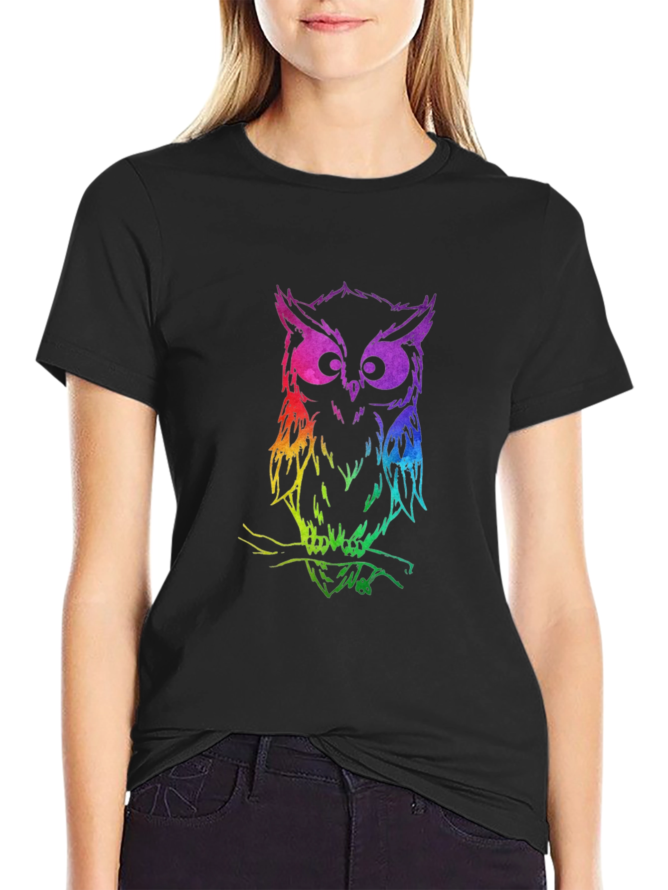 Rainbow Owl Graphic Black T-Shirt