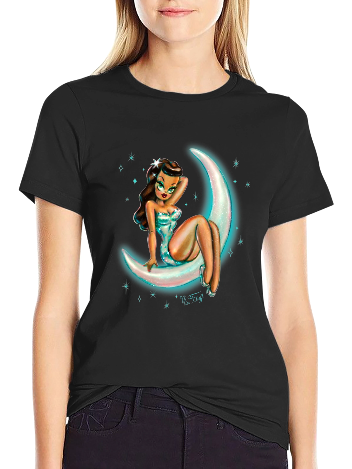 Moon Goddess Graphic Tee - Black Cotton T-Shirt
