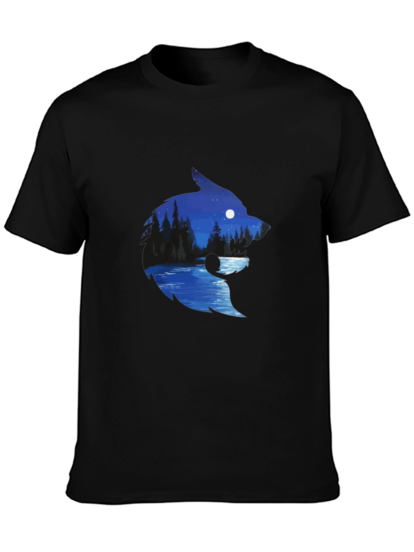 Wolf Silhouette River Scene Graphic Tee - Black