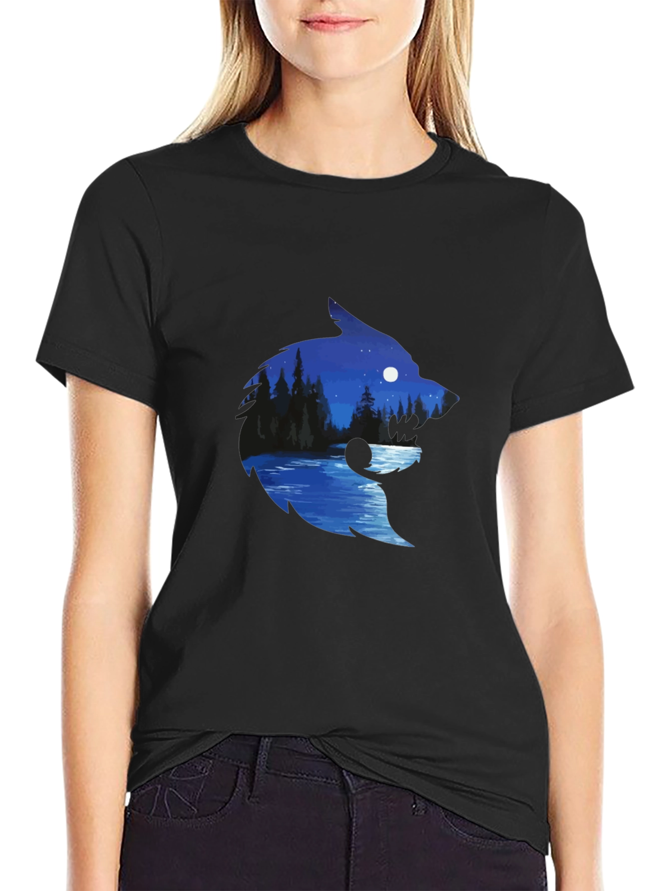 Wolf Silhouette River Scene Graphic Tee - Black