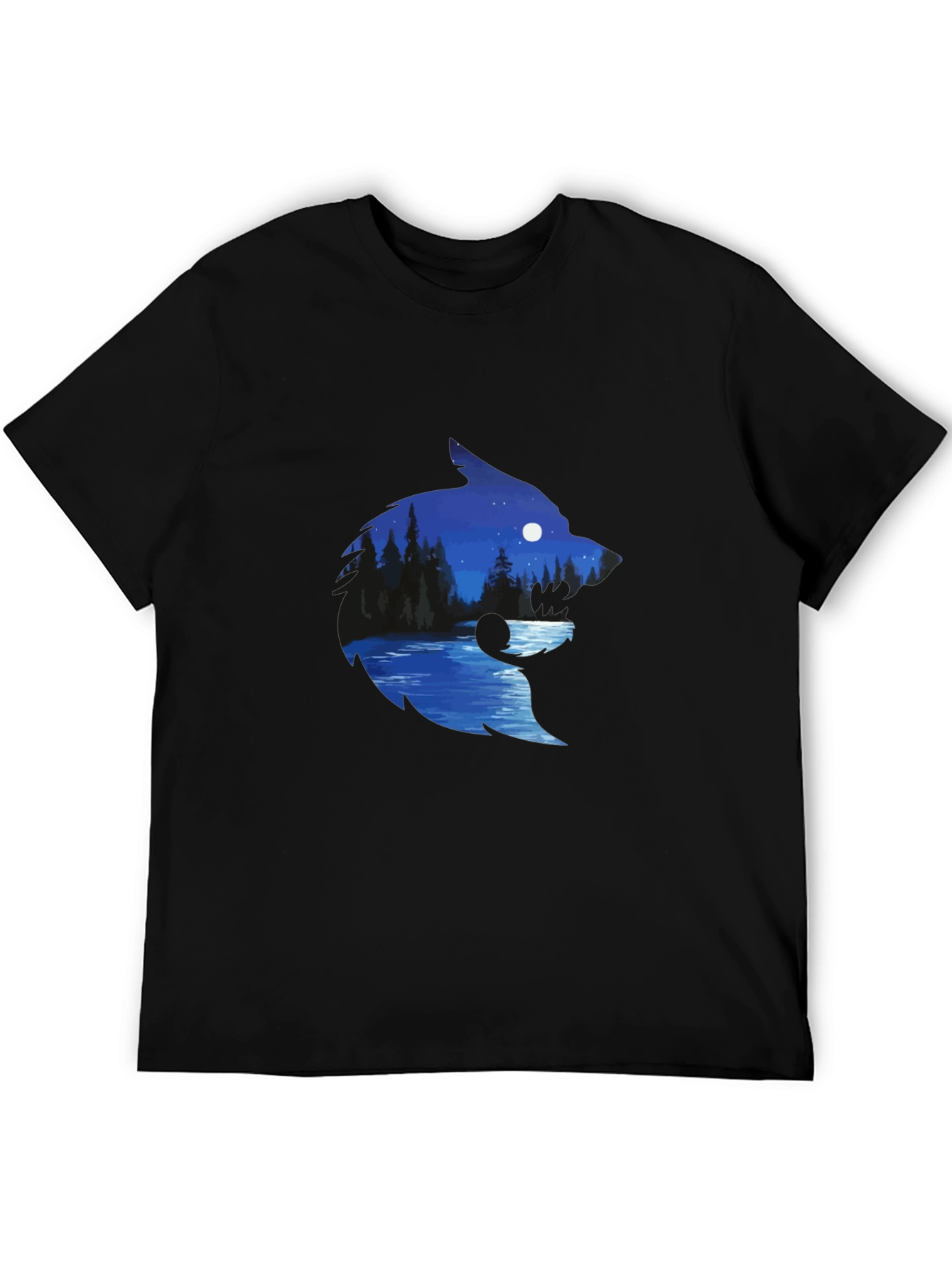 Wolf Silhouette River Scene Graphic Tee - Black