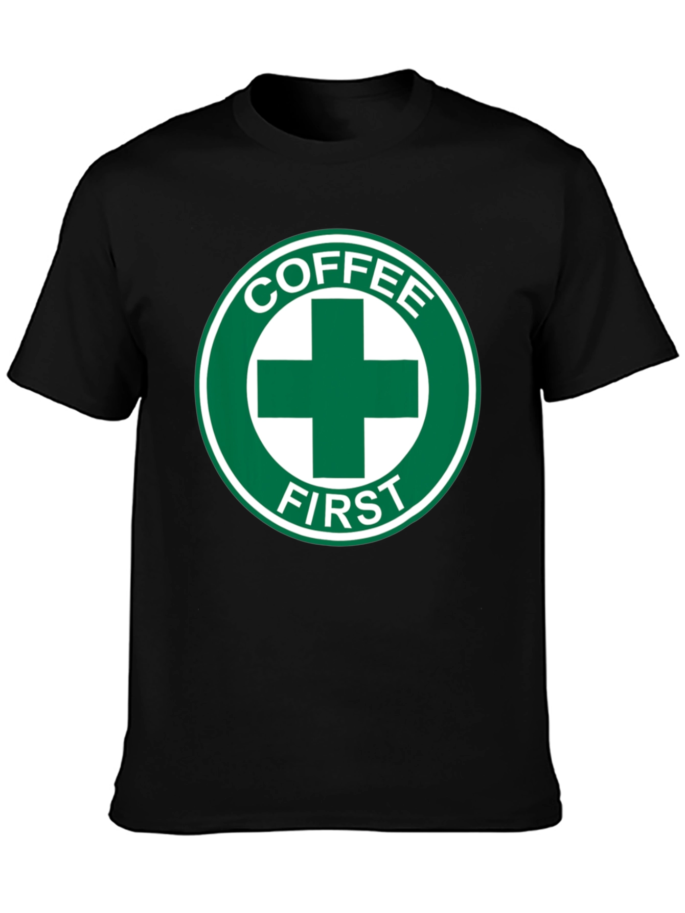 Coffee First T-Shirt - Green Cross Design