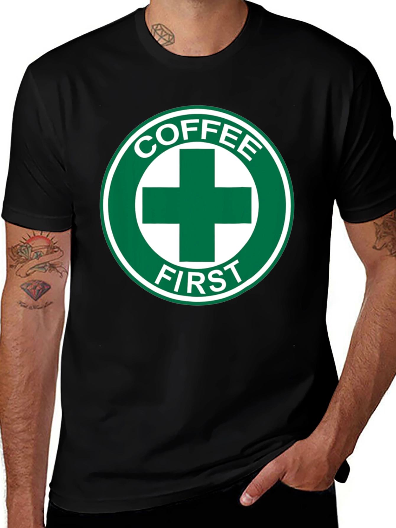 Coffee First T-Shirt - Green Cross Design