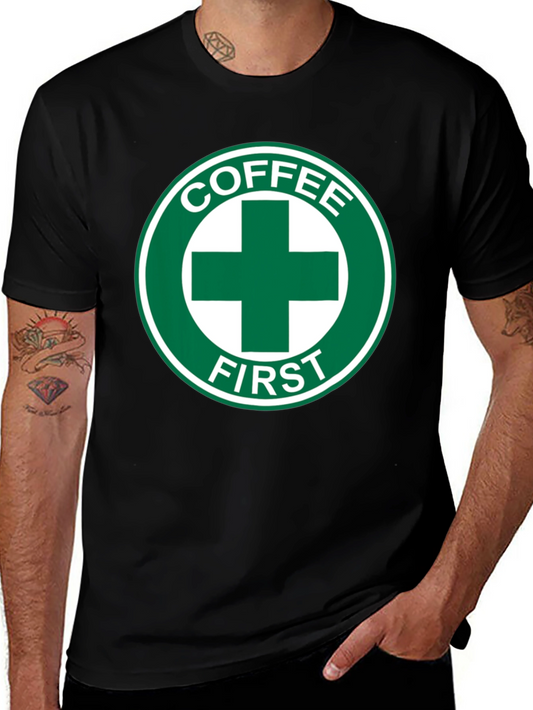 Coffee First T-Shirt - Green Cross Design