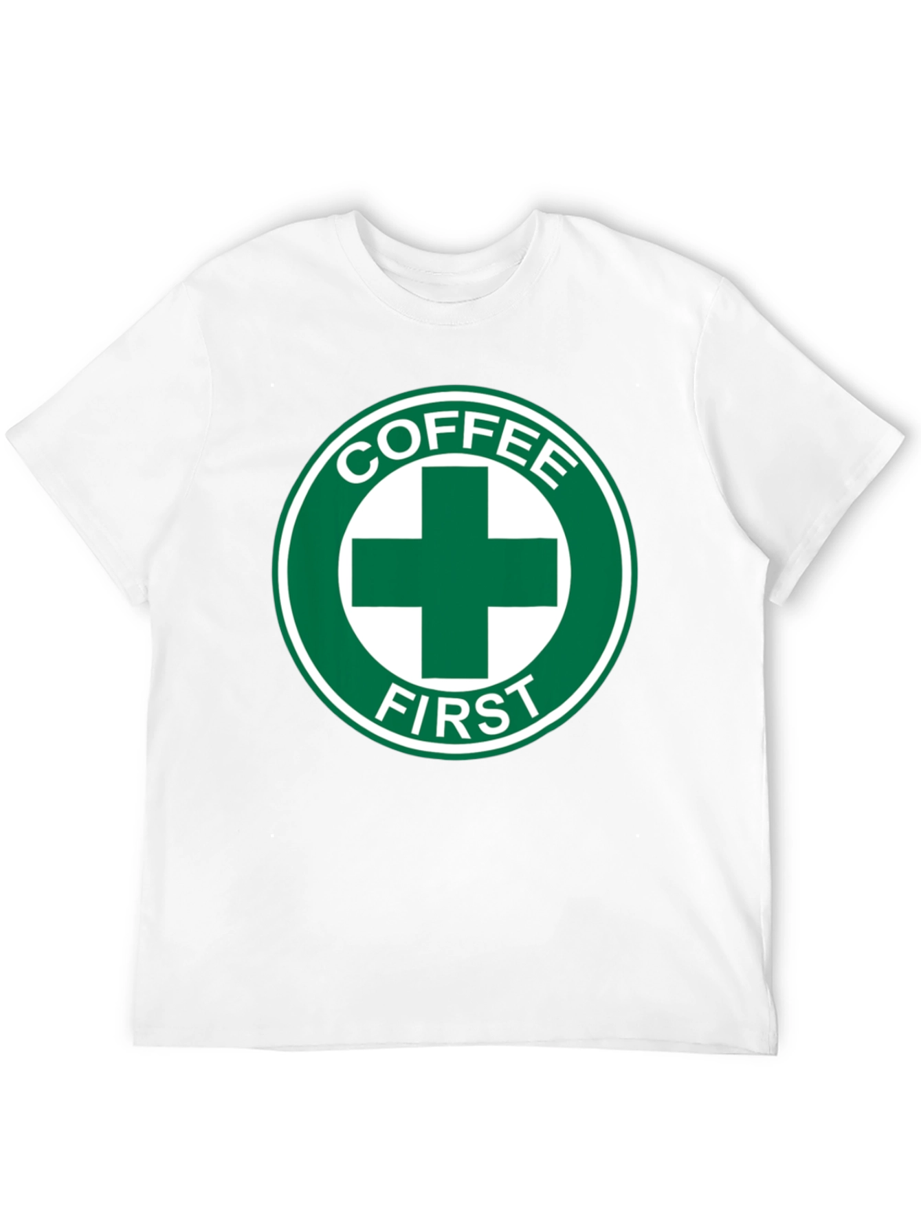 Coffee First T-Shirt - Green Cross Design