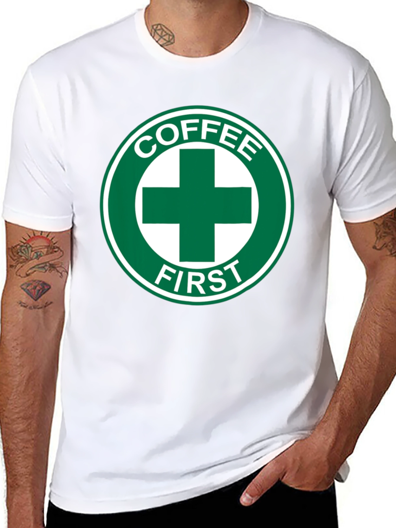 Coffee First T-Shirt - Green Cross Design