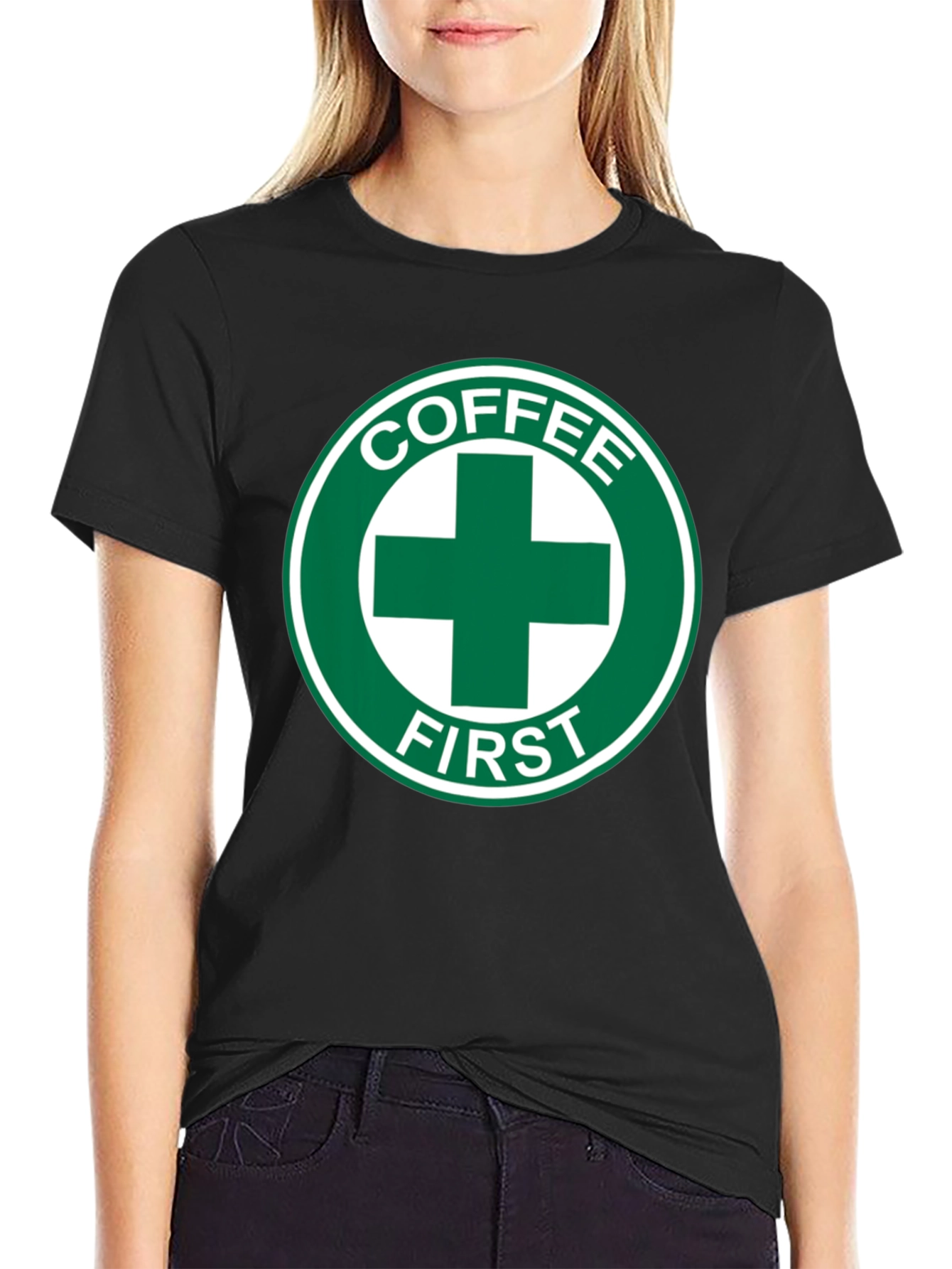 Coffee First T-Shirt - Green Cross Design