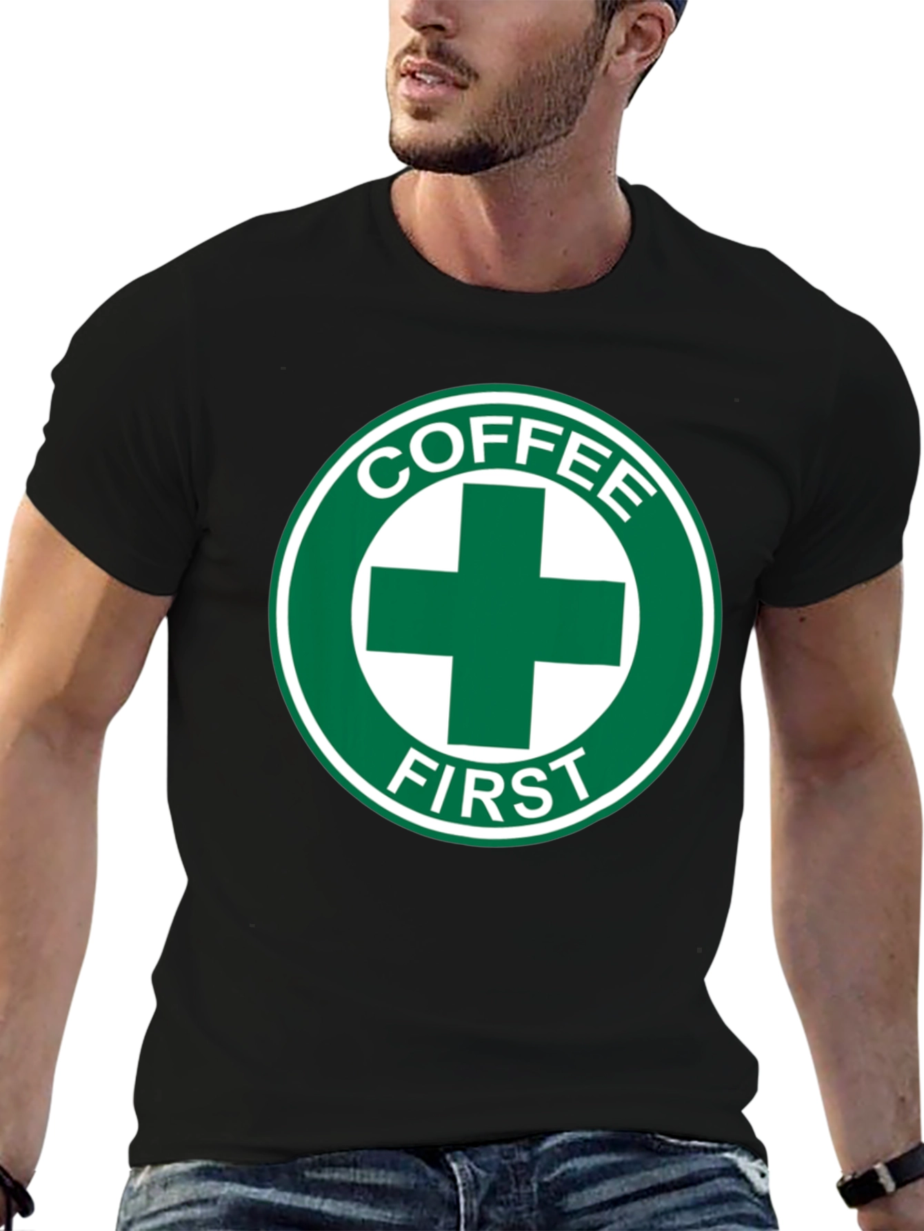 Coffee First T-Shirt - Green Cross Design