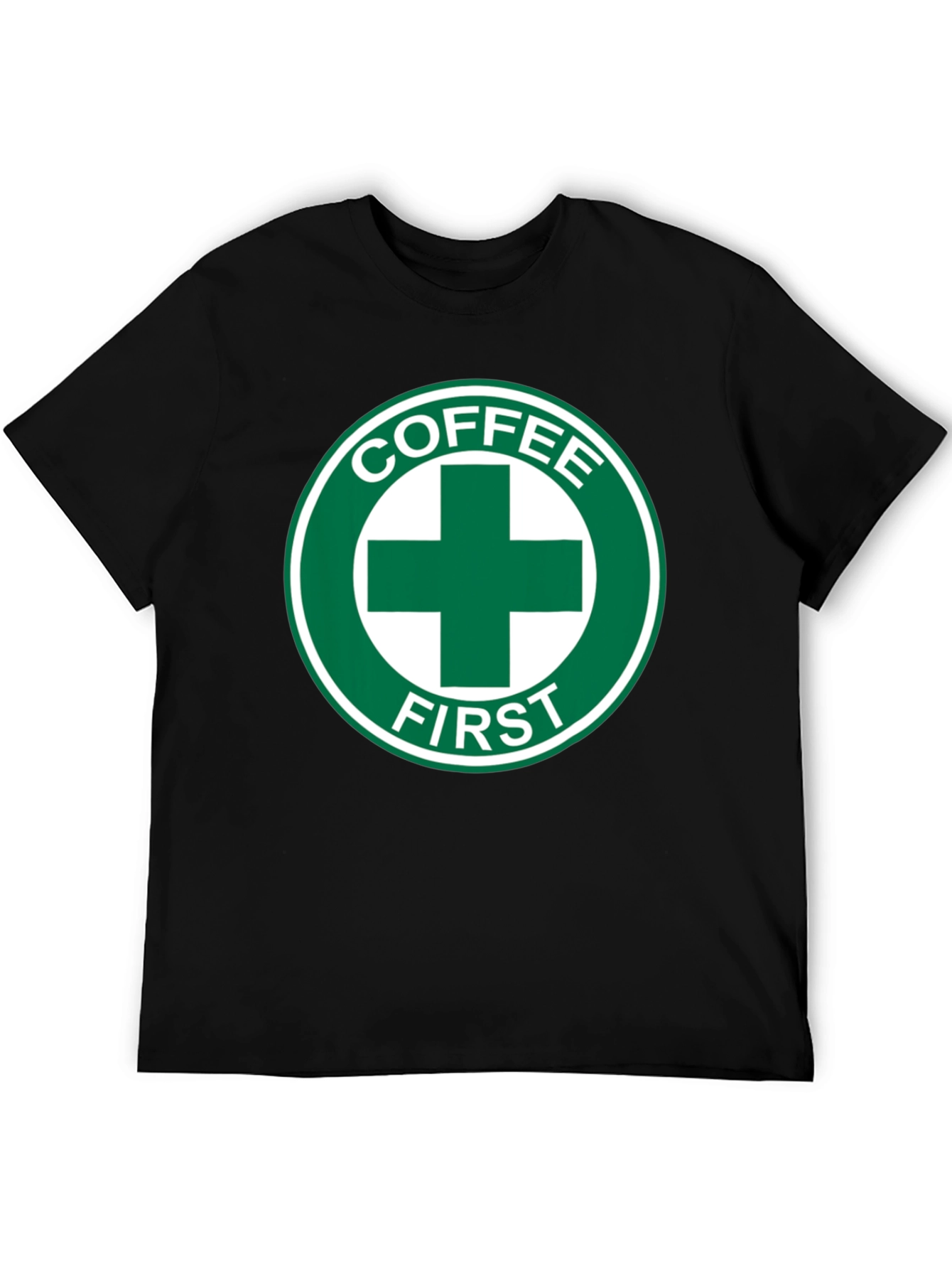 Coffee First T-Shirt - Green Cross Design