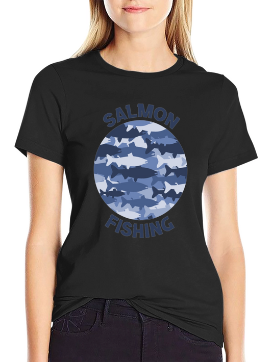 Salmon Fishing Graphic Tee - Black Cotton T-Shirt
