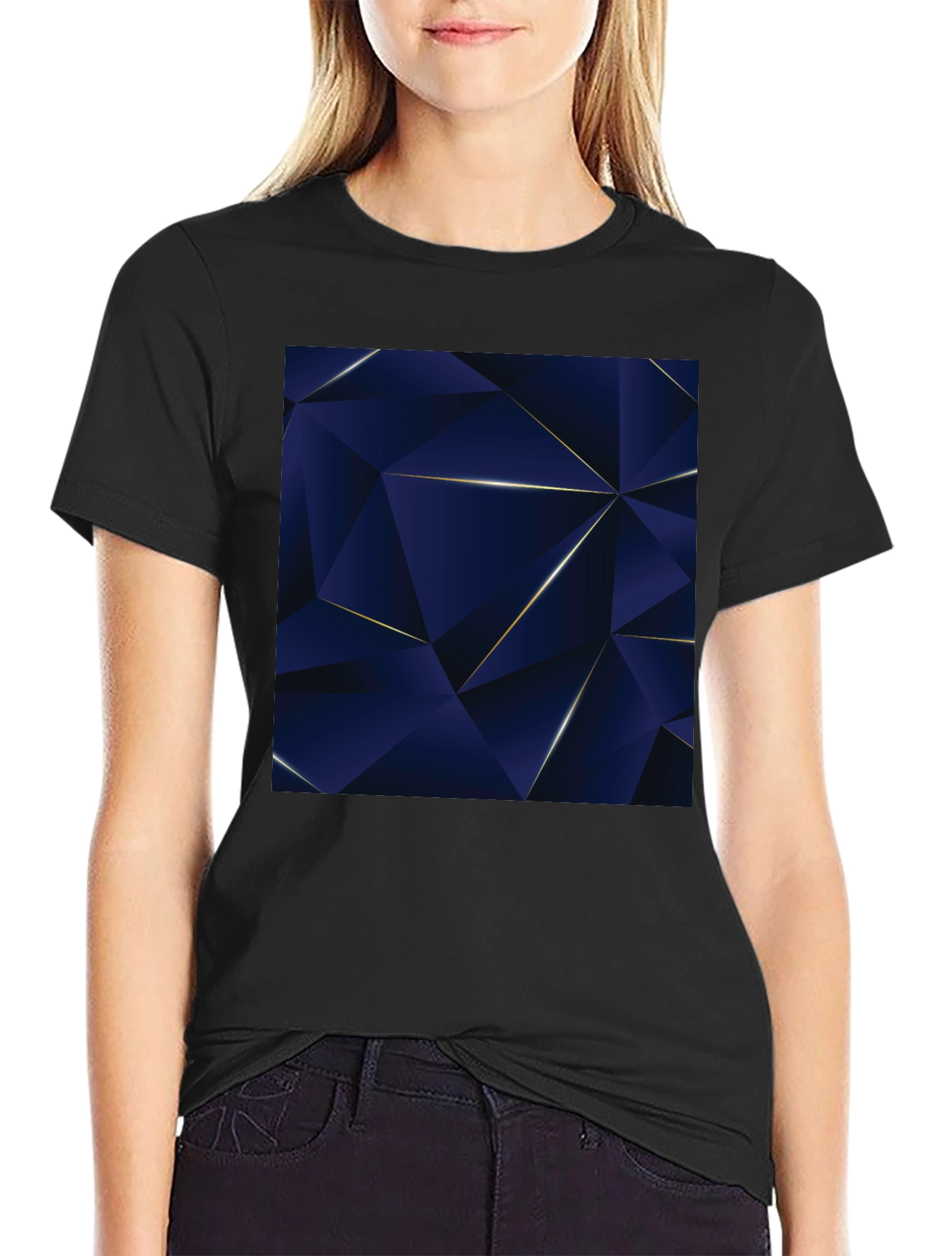 Geometric Blue Triangle Pattern Black T-Shirt