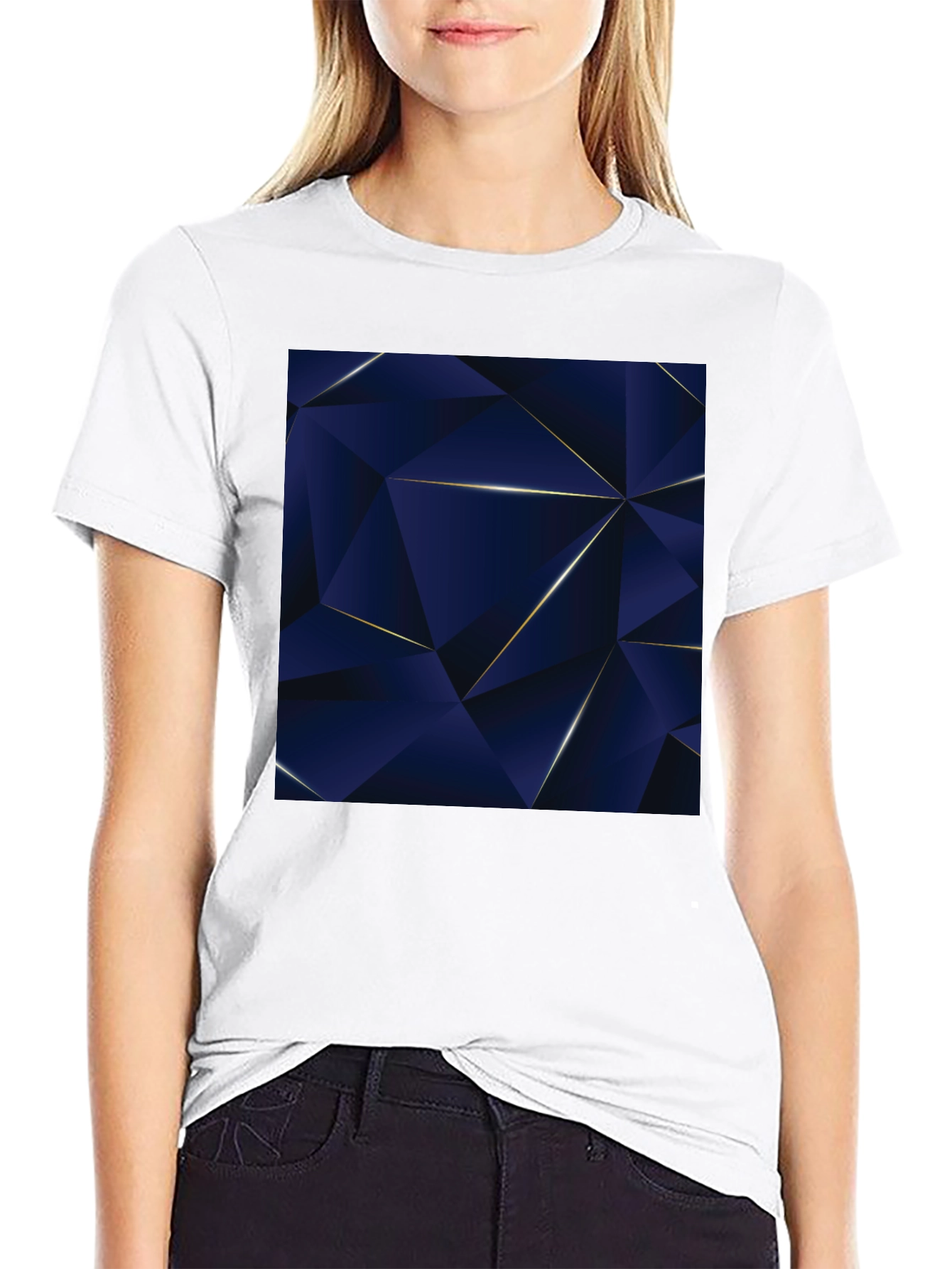 Geometric Blue Triangle Pattern Black T-Shirt