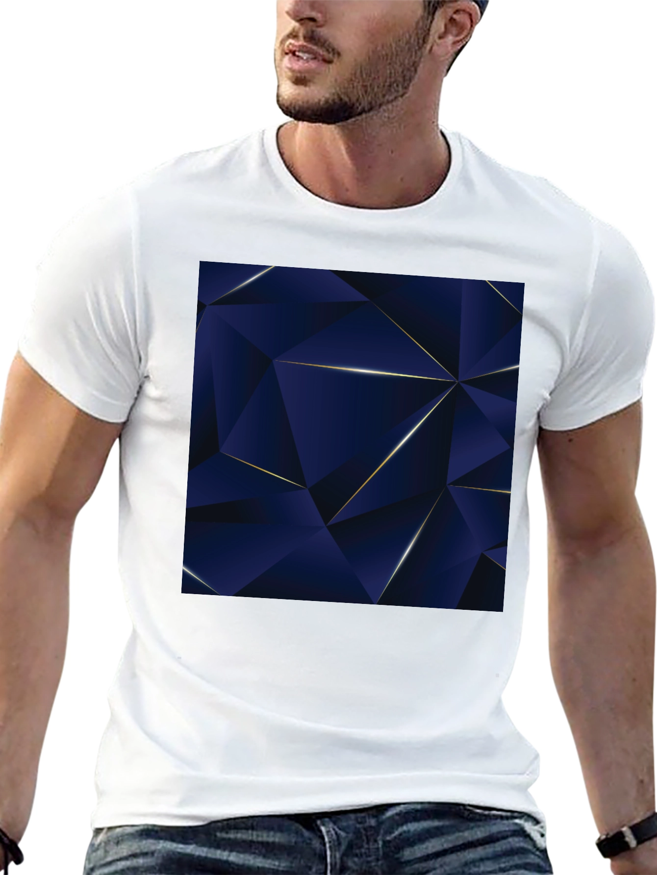 Geometric Blue Triangle Pattern Black T-Shirt