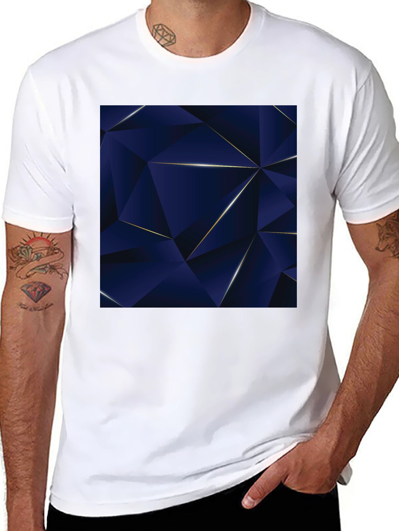 Geometric Blue Triangle Pattern Black T-Shirt