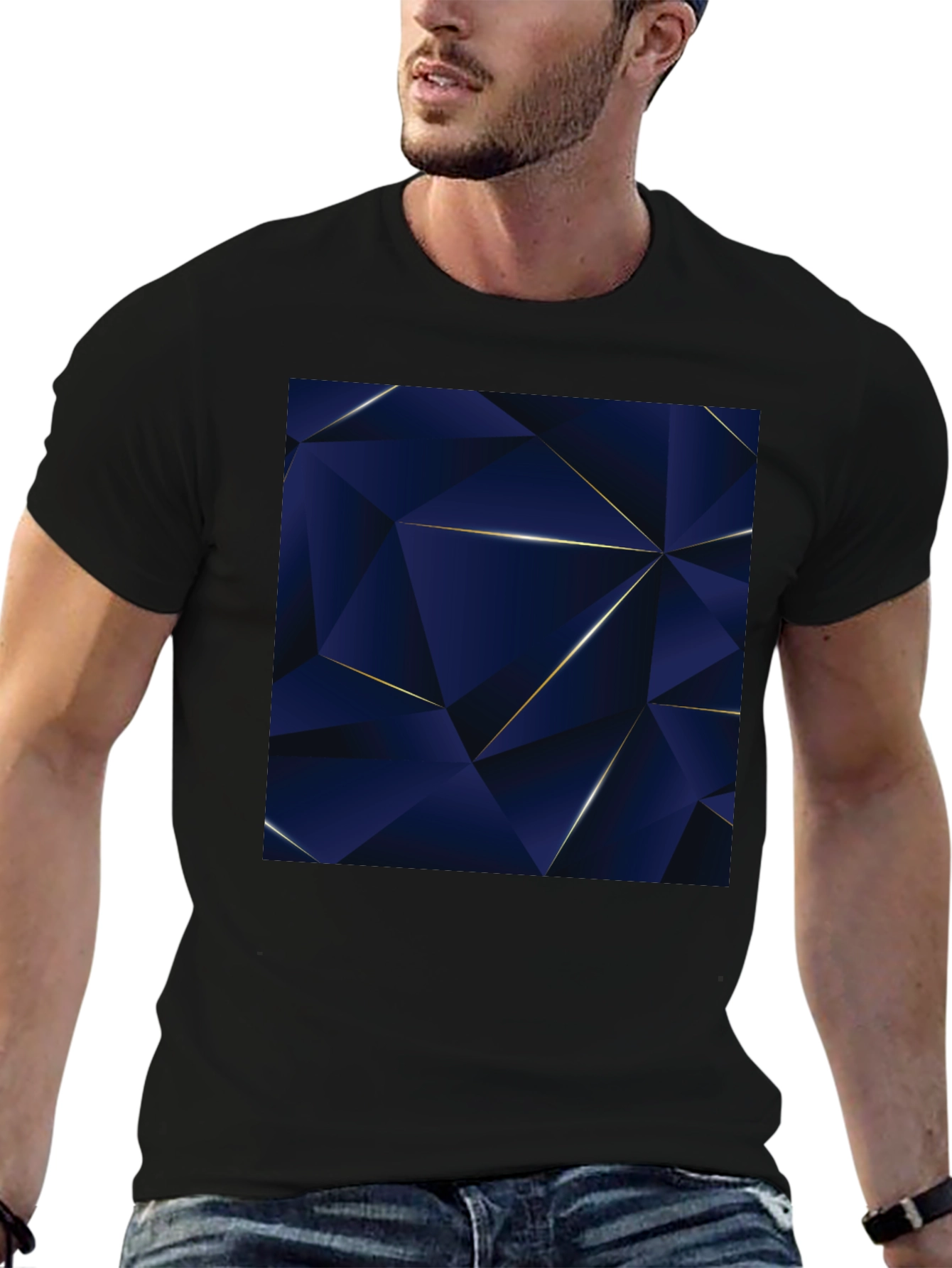 Geometric Blue Triangle Pattern Black T-Shirt