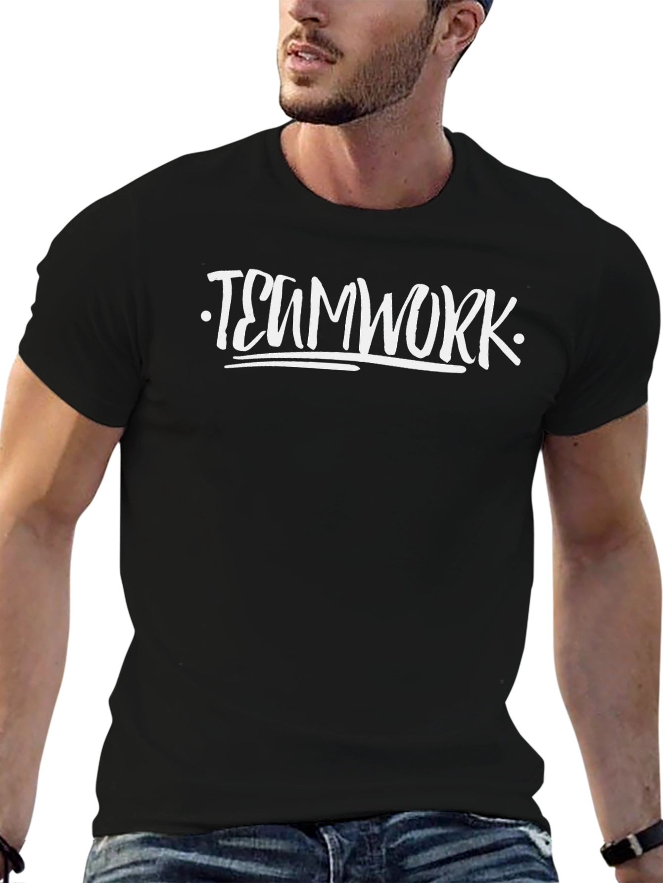 Teamwork T-Shirt Black Cotton Crew Neck Graphic Tee