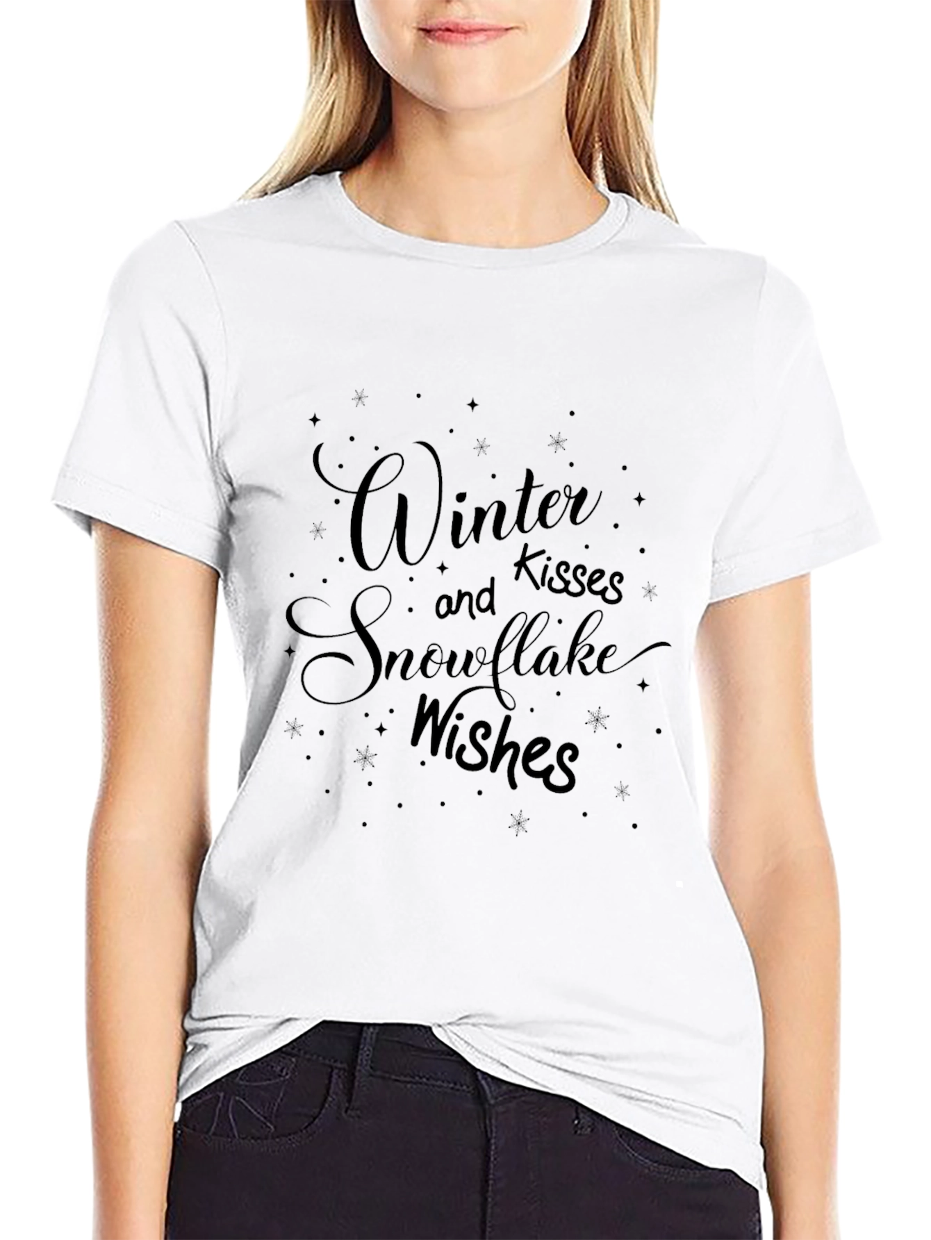 Winter Kisses and Snowflake Wishes Black T-Shirt