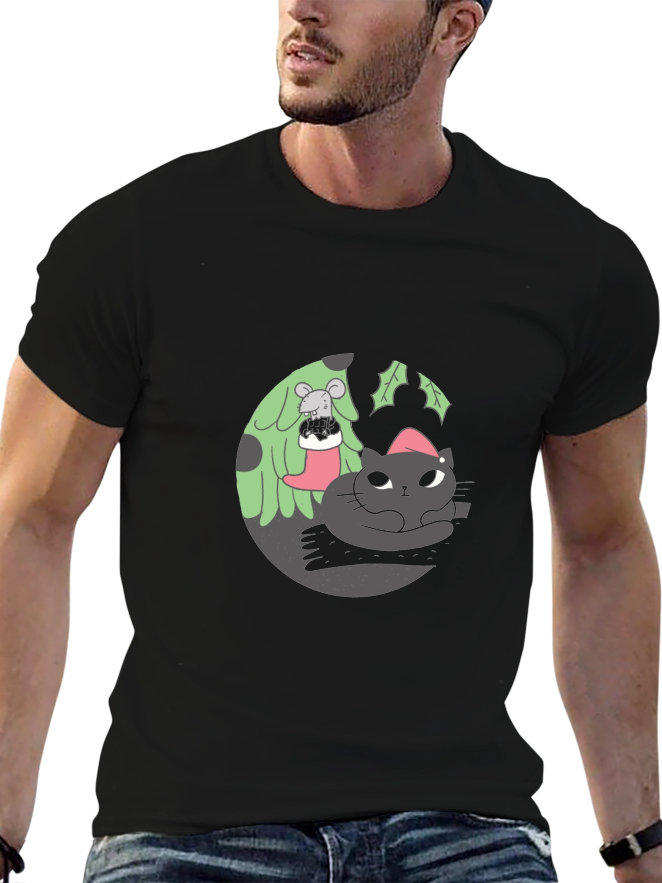 Festive Cat & Mouse Graphic Black T-Shirt