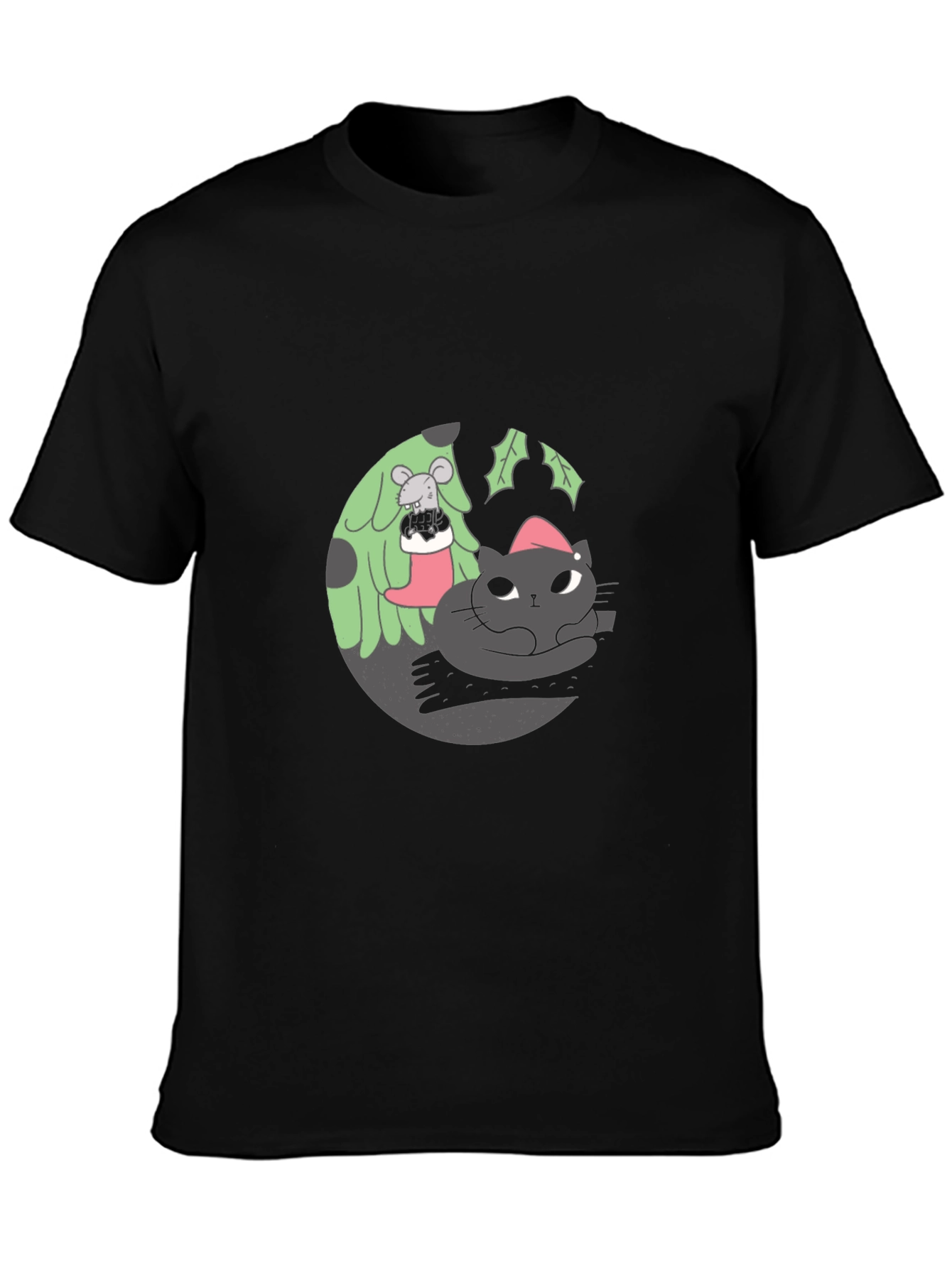 Festive Cat & Mouse Graphic Black T-Shirt