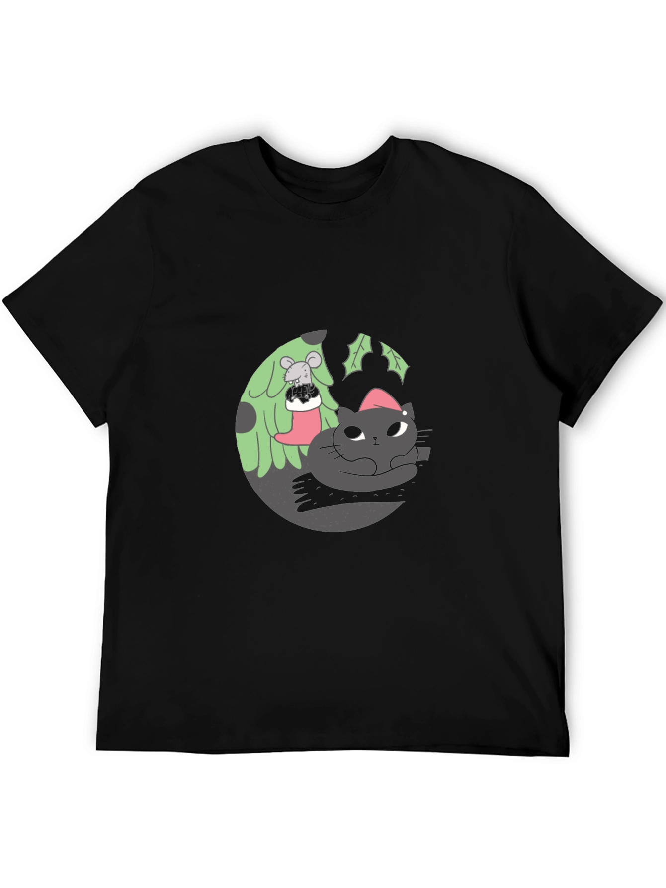 Festive Cat & Mouse Graphic Black T-Shirt