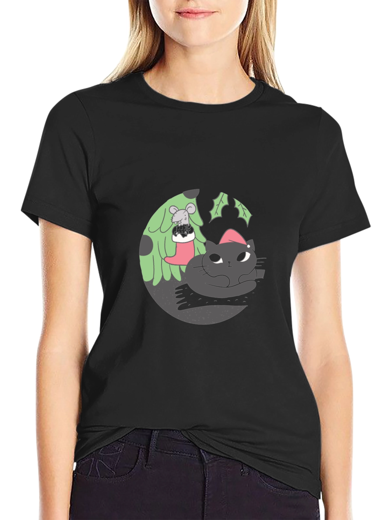 Festive Cat & Mouse Graphic Black T-Shirt