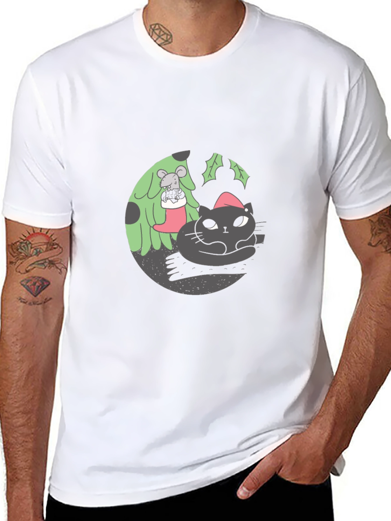 Festive Cat & Mouse Graphic Black T-Shirt
